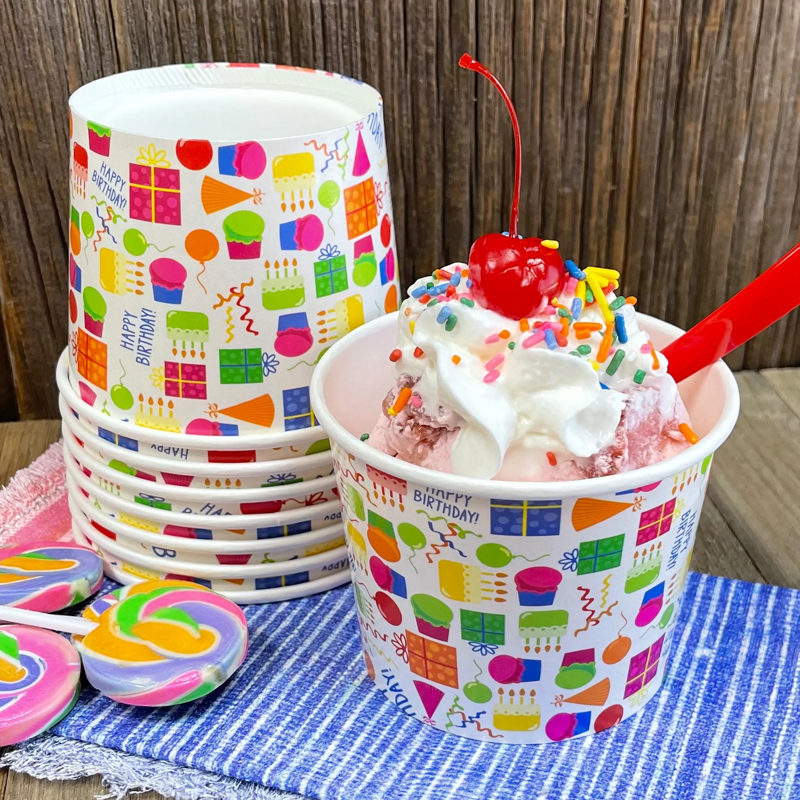 16 Pk Birthday Ice Cream Kit - 8 Oz  Cups, Spoons, Umbrellas