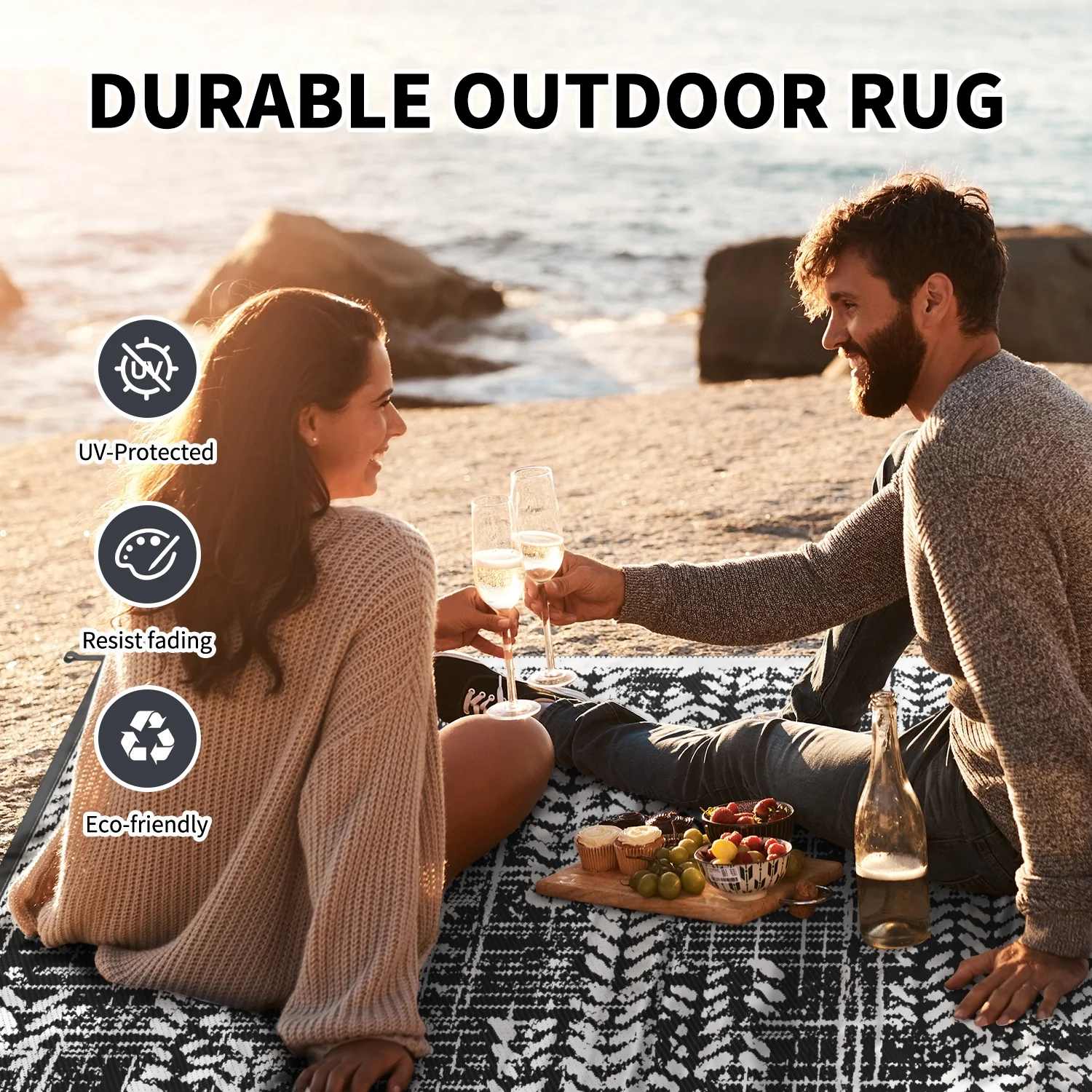 SIXHOME Outdoor Rugs Patio Clearance Waterproof Mat 5x8, Stylish Plastic Straw Reversible Area Rug for Picnic RV Camping Porch Balcony, Black and White