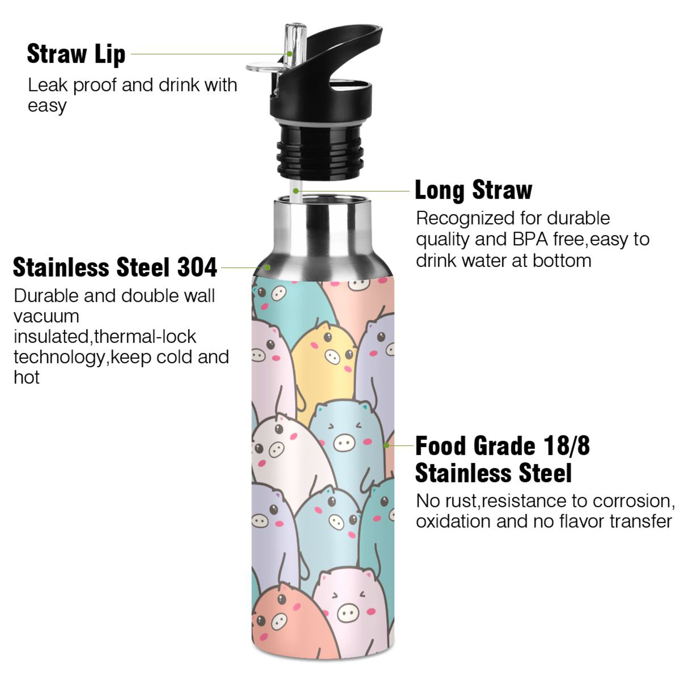 Stainless Steel Water Bottle Cartoon with Straw Lid Vacuum Insulated Leak Proof Flask Jug for Gym Travel Sports Cycling Outdoor 20 OZ