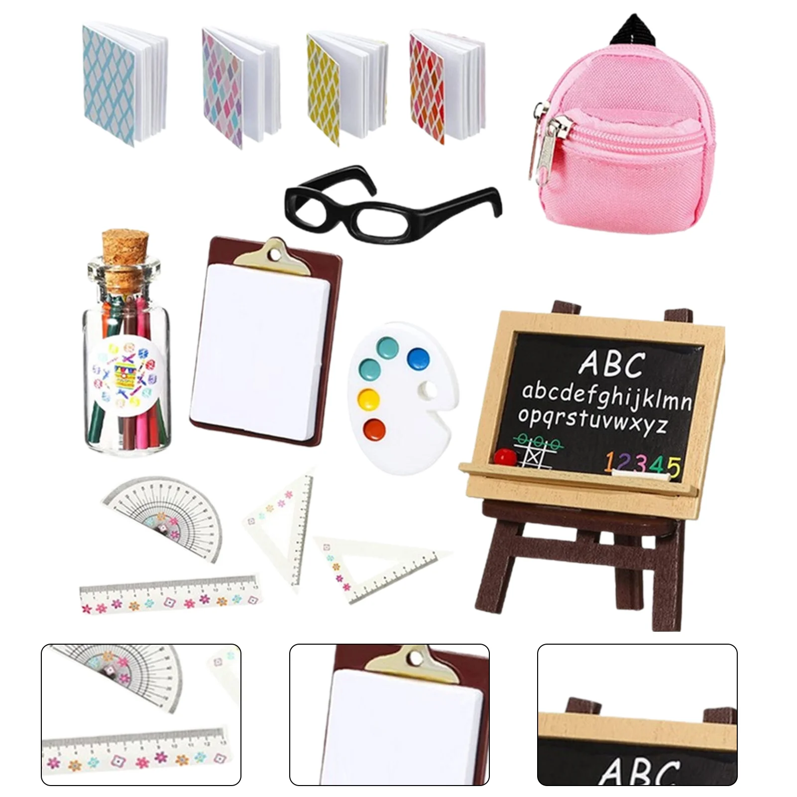 1Set School Supplies Model Good Craftsmanship Comfortable Hand Feeling Plastic Dollhouse Mini Simulation School Bag Combination Kit for Ornament