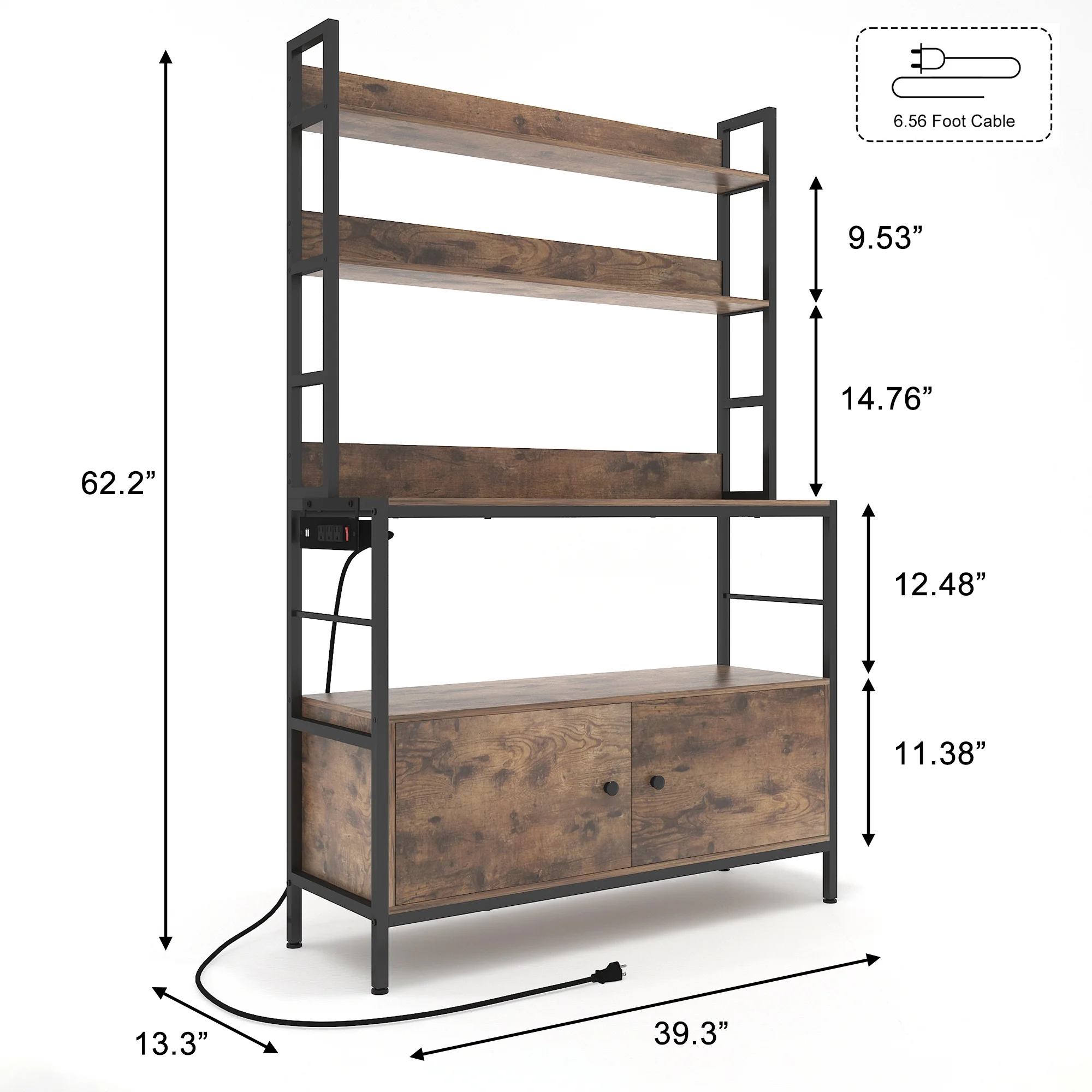 NAIYUFA Kitchen Baker Rack 5-Tier Large Capicity Brown Wood Shelves Microwave Rack with Power Outlets