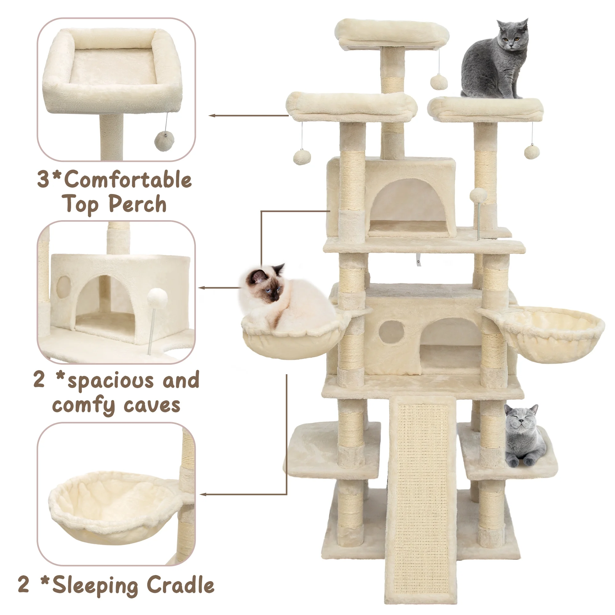 68 Inches Multi-Level Large Cat Tree , Tall Multi-Cats Tower with 2 Big Cat Condo &Cat Hair Brush , Large Cat Tree with 3 Padded Plush Perches & Scratching Posts for Kittens (Beige)