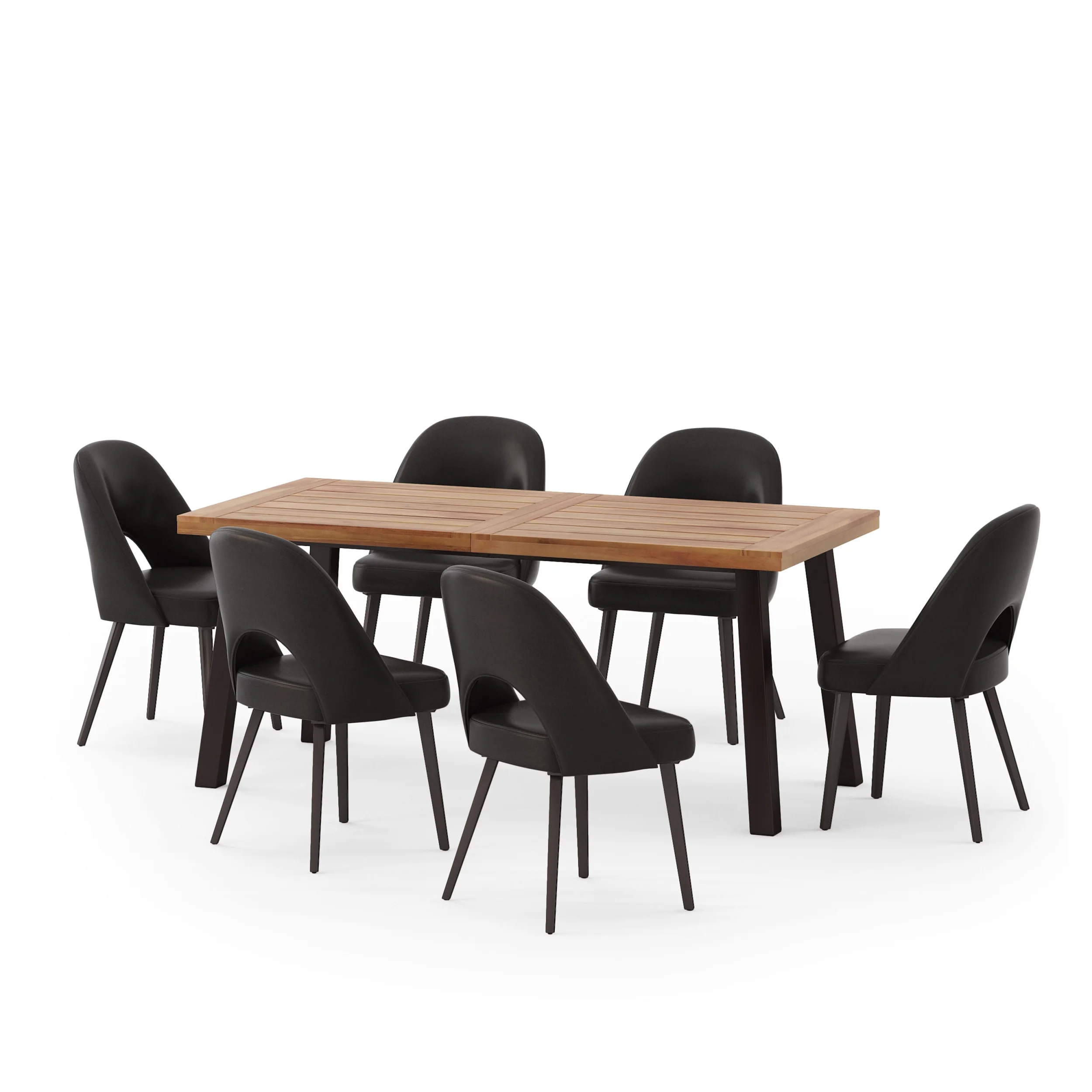 Noble House Tengren Faux Leather, Metal, and Wood 7 Piece Dining Set, Natural, Rustic Metal, and Midnight Black