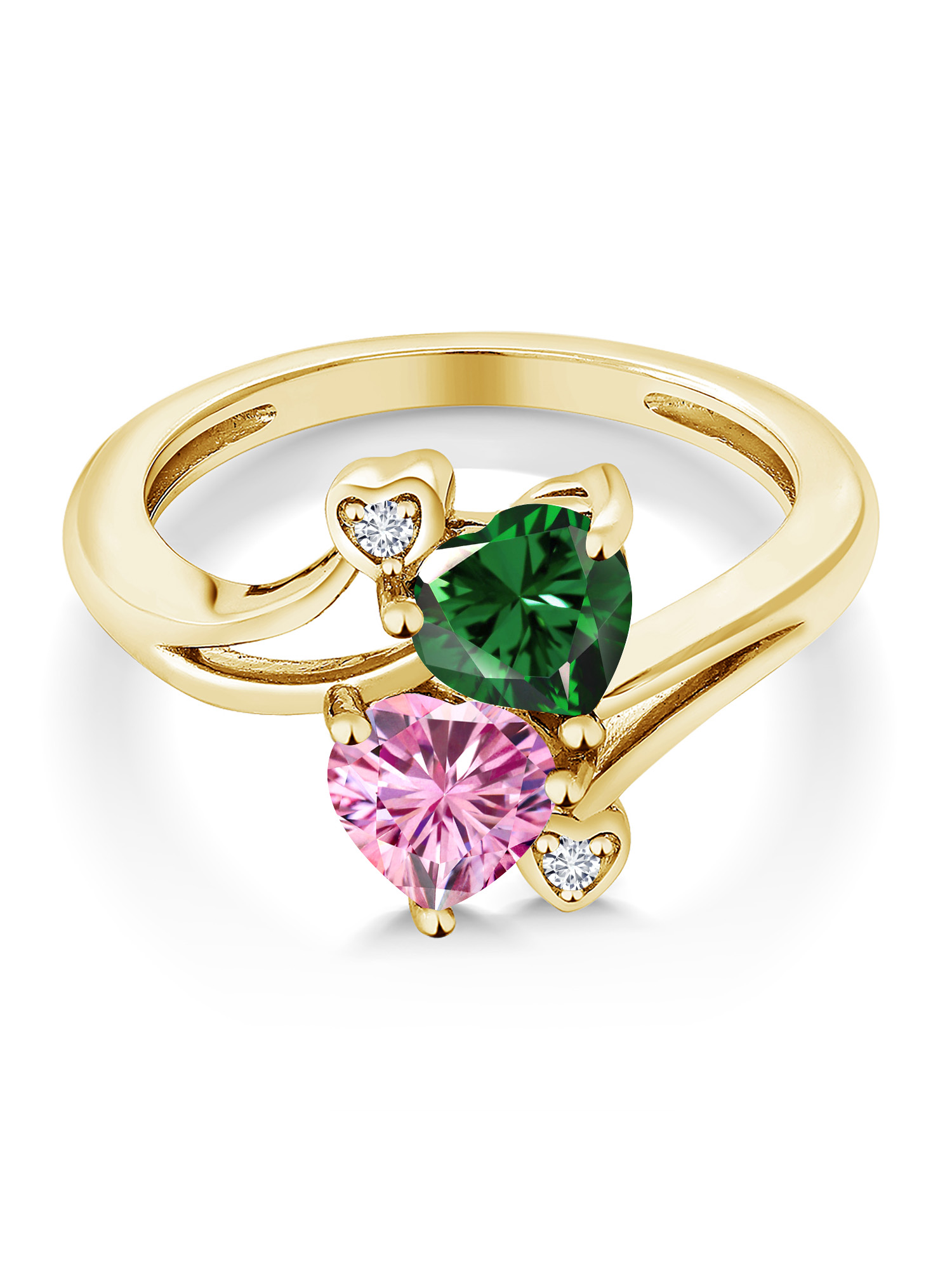 18K Yellow Gold Plated Silver Green Nano Emerald Pink Moissanite and White Lab Grown Diamond Ring For Women (1.53 Cttw, Heart Shape 6MM, Gemstone May Birthstone, Available In Size 5, 6, 7, 8, 9)