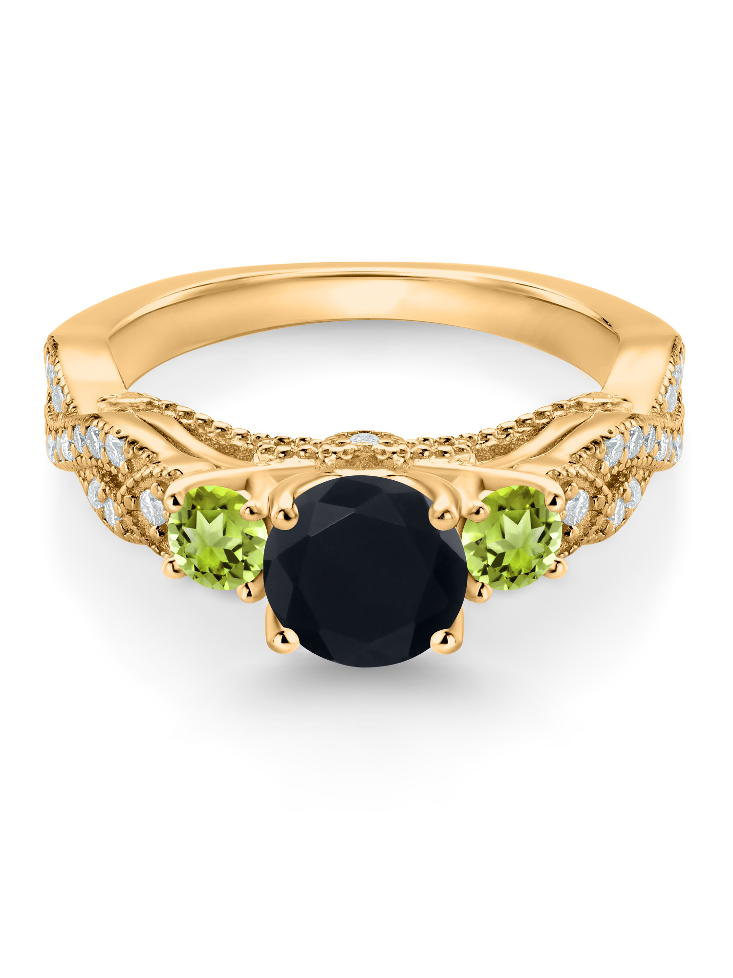 Gem Stone King 18K Yellow Gold Plated Silver Black Onyx Green Peridot and White Moissanite Engagement Ring For Women (1.31 Cttw, Gemstone December Birthstone, Round 6MM and 3MM)