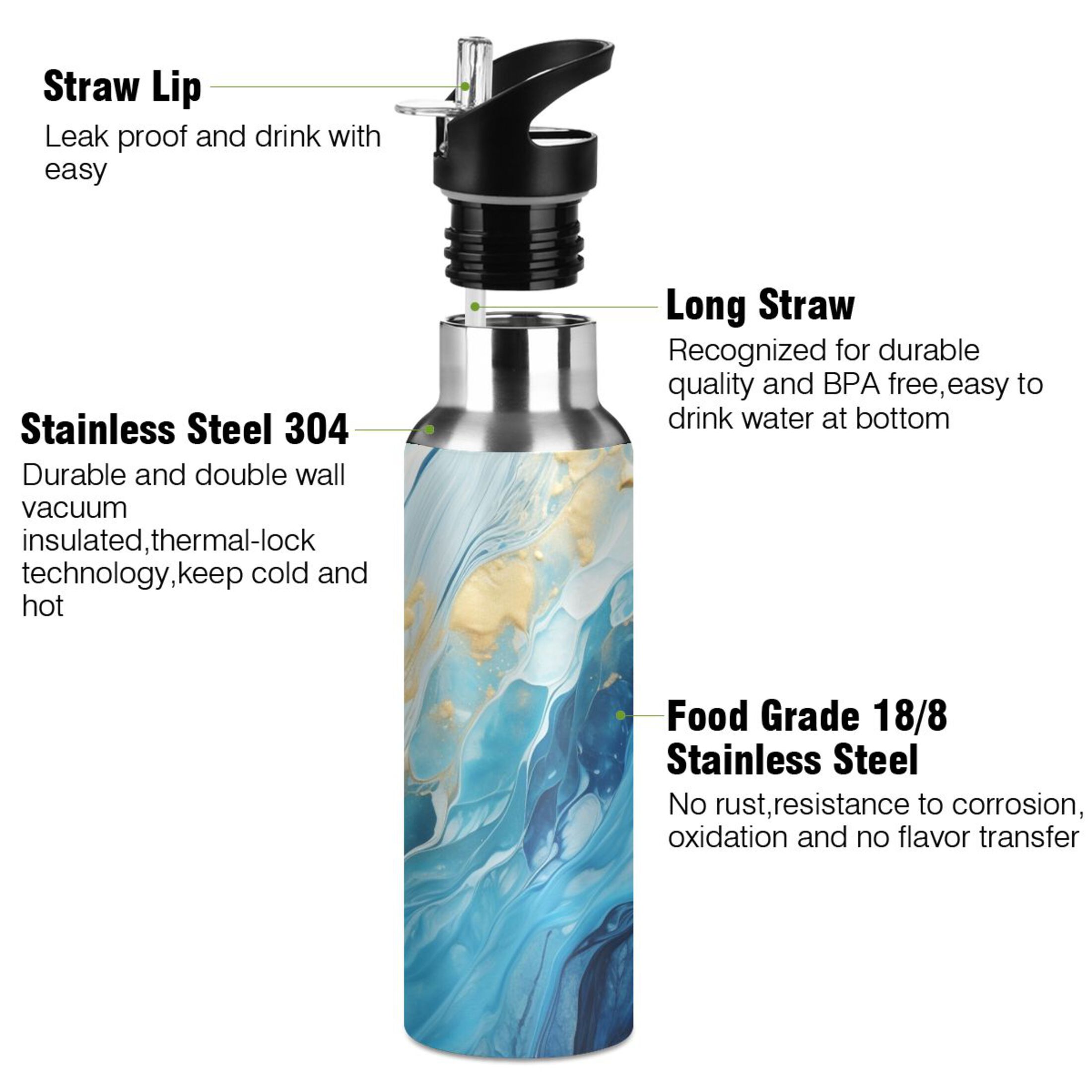 Water Bottle with Straw Lid Leak Blue White and Gold Marble Stainless Steel Insulated Thermos Vacuum Flask for Cold Hot Drinking for Sports Camping Gym Yoga
