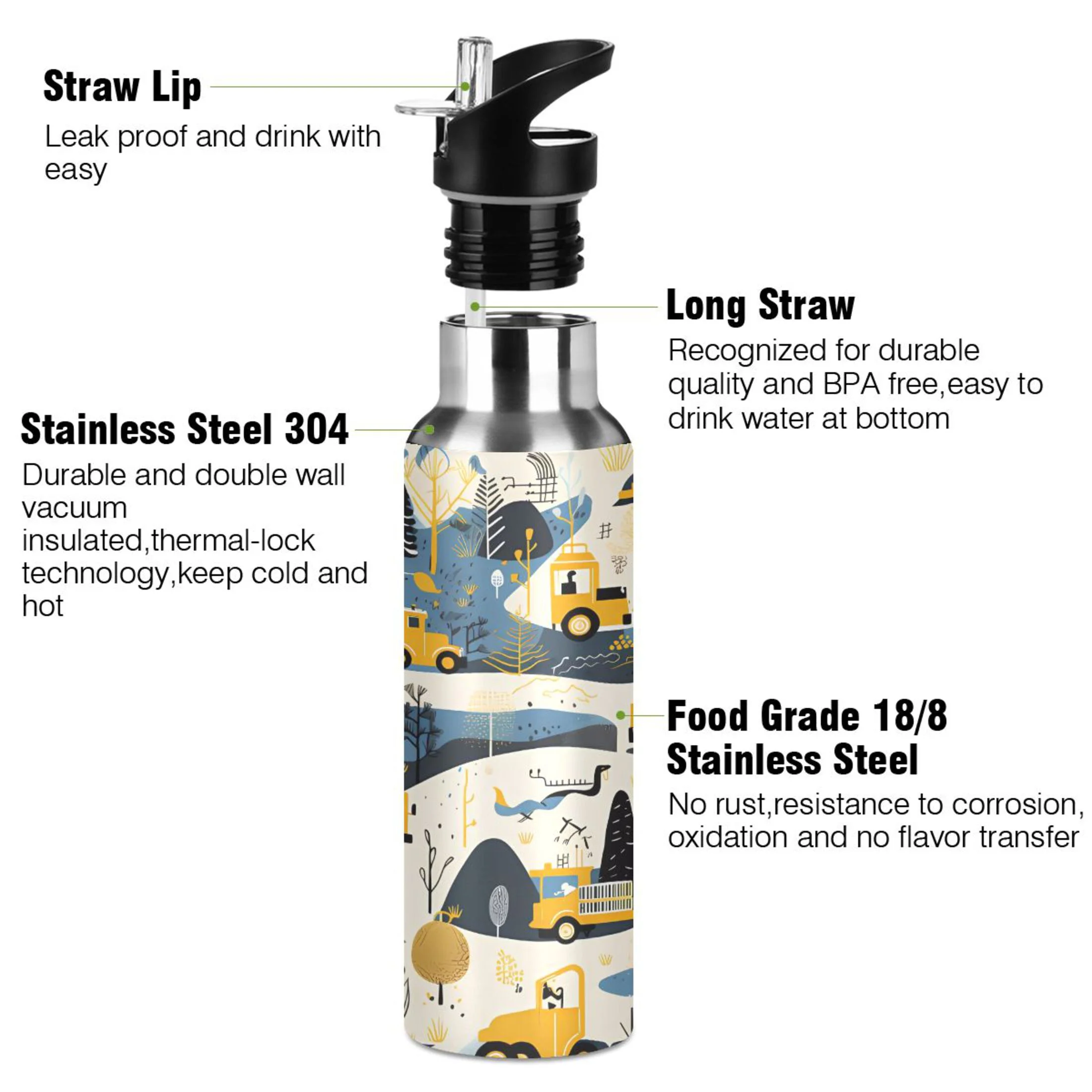 Water Bottle with Straw Lid Leak Cartoon Trucks Stainless Steel Insulated Thermos Vacuum Flask for Cold Hot Drinking for Sports Camping Gym Yoga
