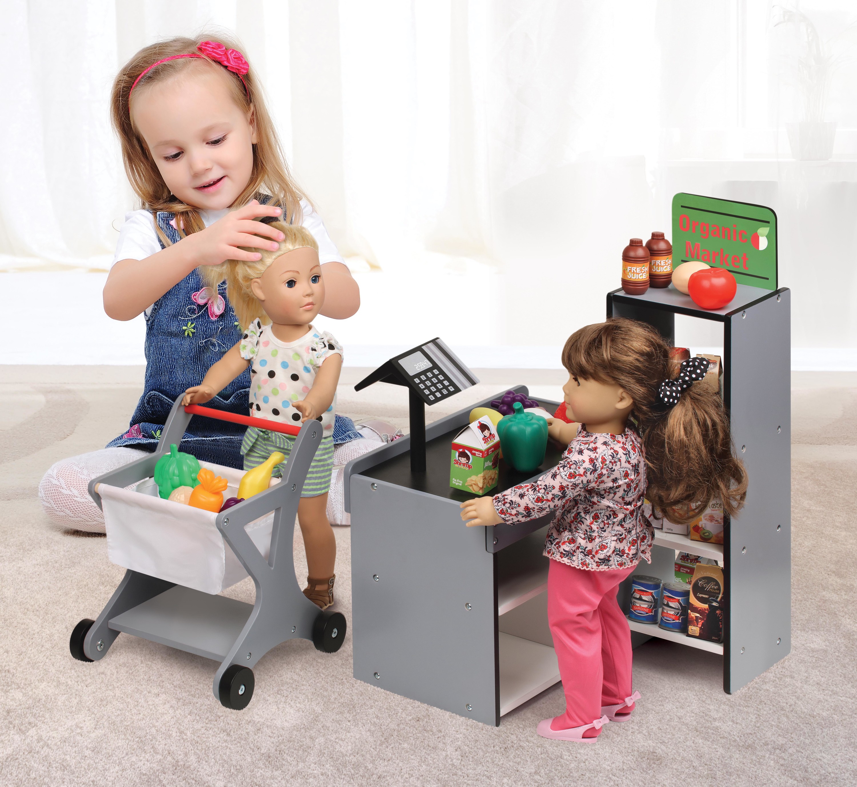 Badger Basket Fresh Market Doll Playset with Shopping Cart and Pretend Food for 18 inch Dolls