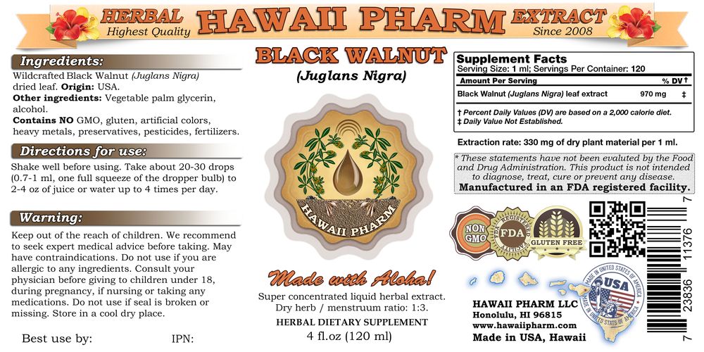 Black Walnut (Juglans Nigra) Tincture, Organic Dried Leaves Liquid Extract, Hei Che Tao, Herbal Supplement 2 oz