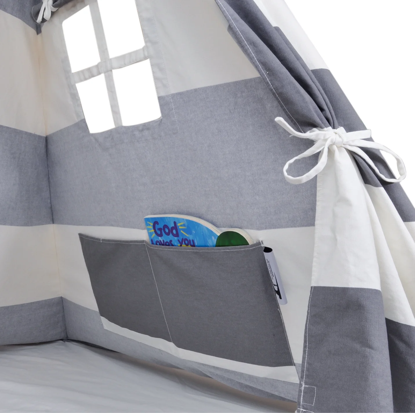 A Mustard Seed Toys Canvas Teepee Tent for Kids, Gray and White Stripes, 100% Natural Cotton Canvas Fabric
