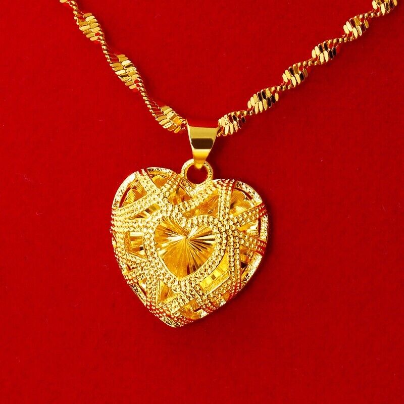18k Yellow Gold Filled Over Sterling Silver Womens Heart Chain Pendant Necklace