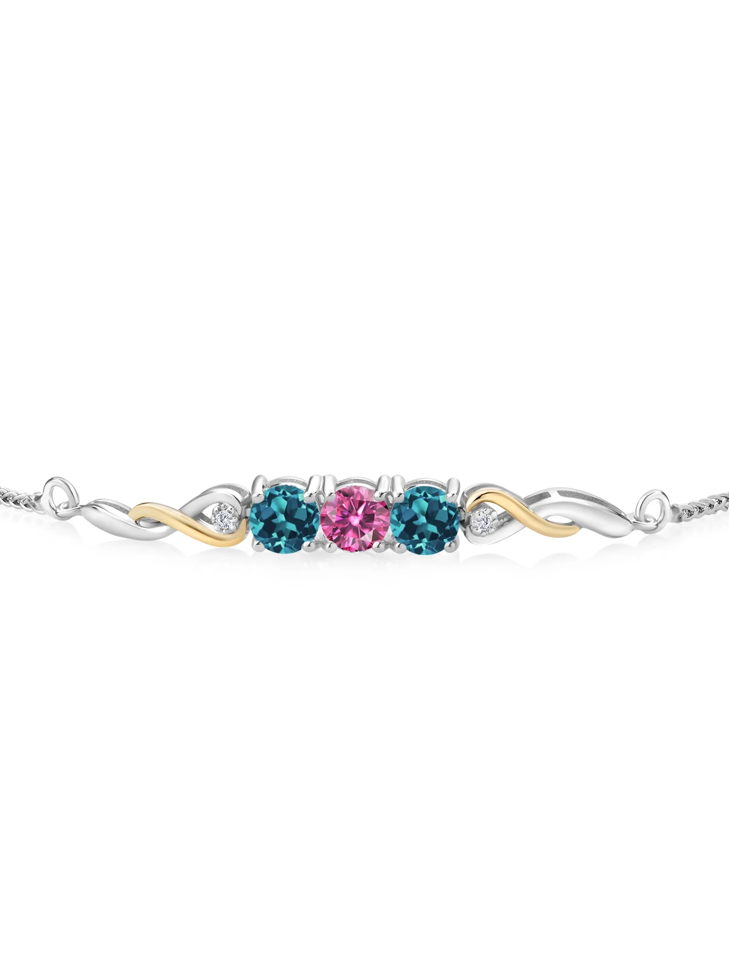 925 Sterling Silver and 10K Yellow Gold Pink Moissanite London Blue Topaz and White Lab Grown Diamond Tennis Bracelet For Women (1.92 Cttw, Gemstone Birthstone, Fully Adjustable Up to 9 inch)