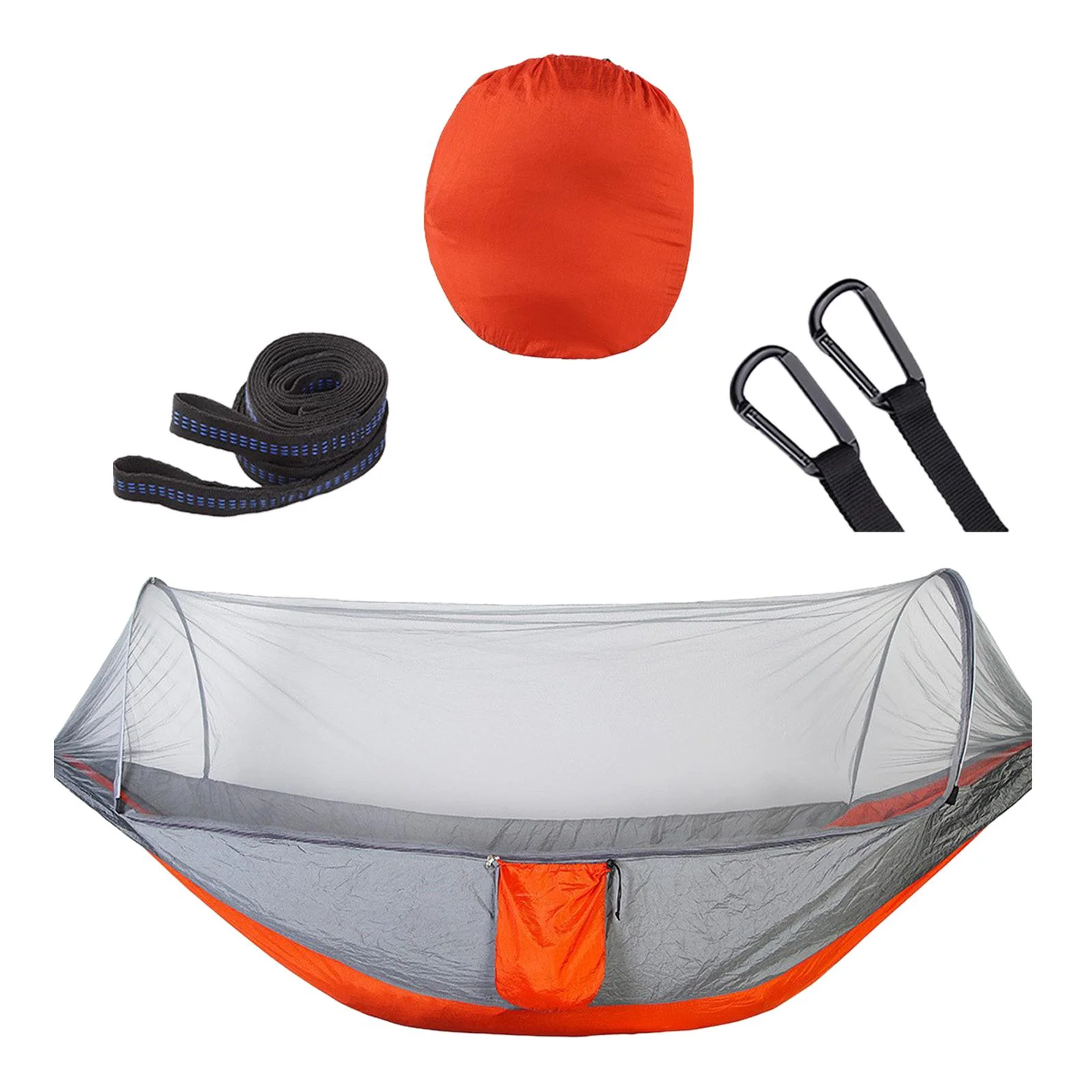 Camping Hammock with Net, Hammock Swing Carrying Bag Breathable with Straps Carabiners Hammock Tent Hanging Bed for Beach, Hiking, Picnic Orange Gray
