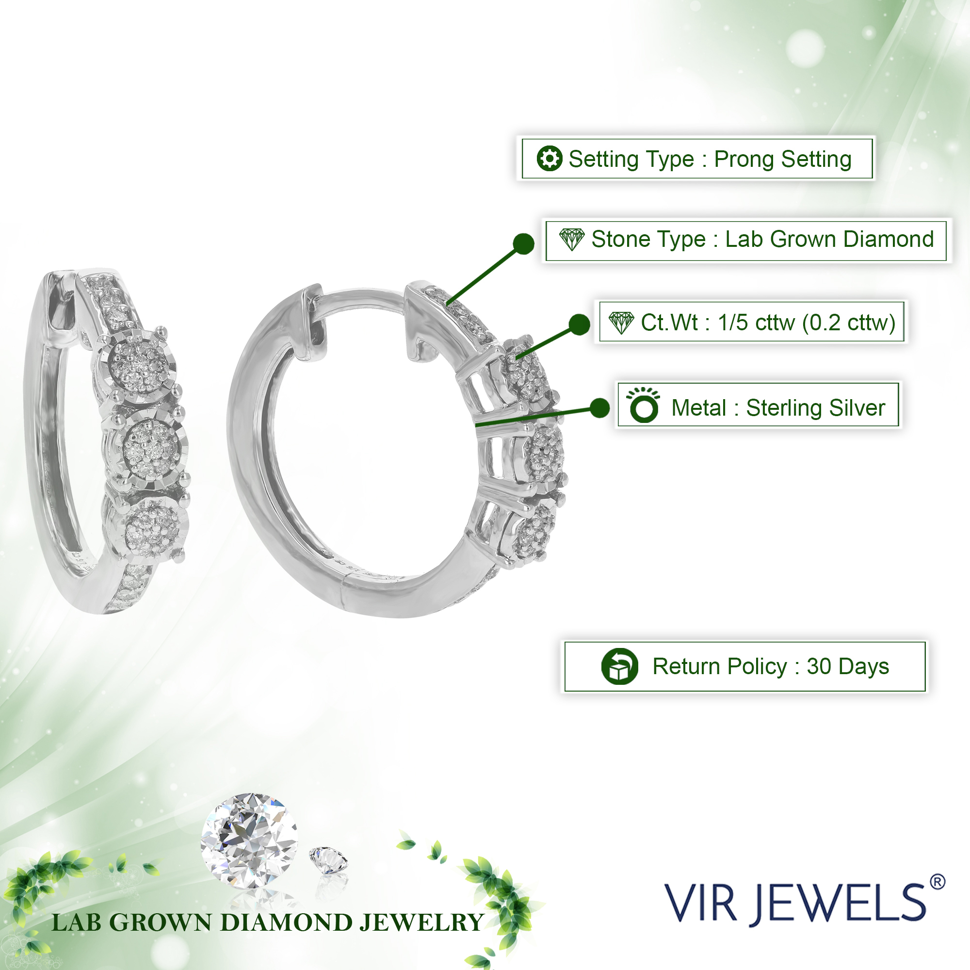 Vir Jewels 1/5 CTTW Lab Grown Diamond Hoop Earrings 925 Sterling Silver Prong 2/3 Inch