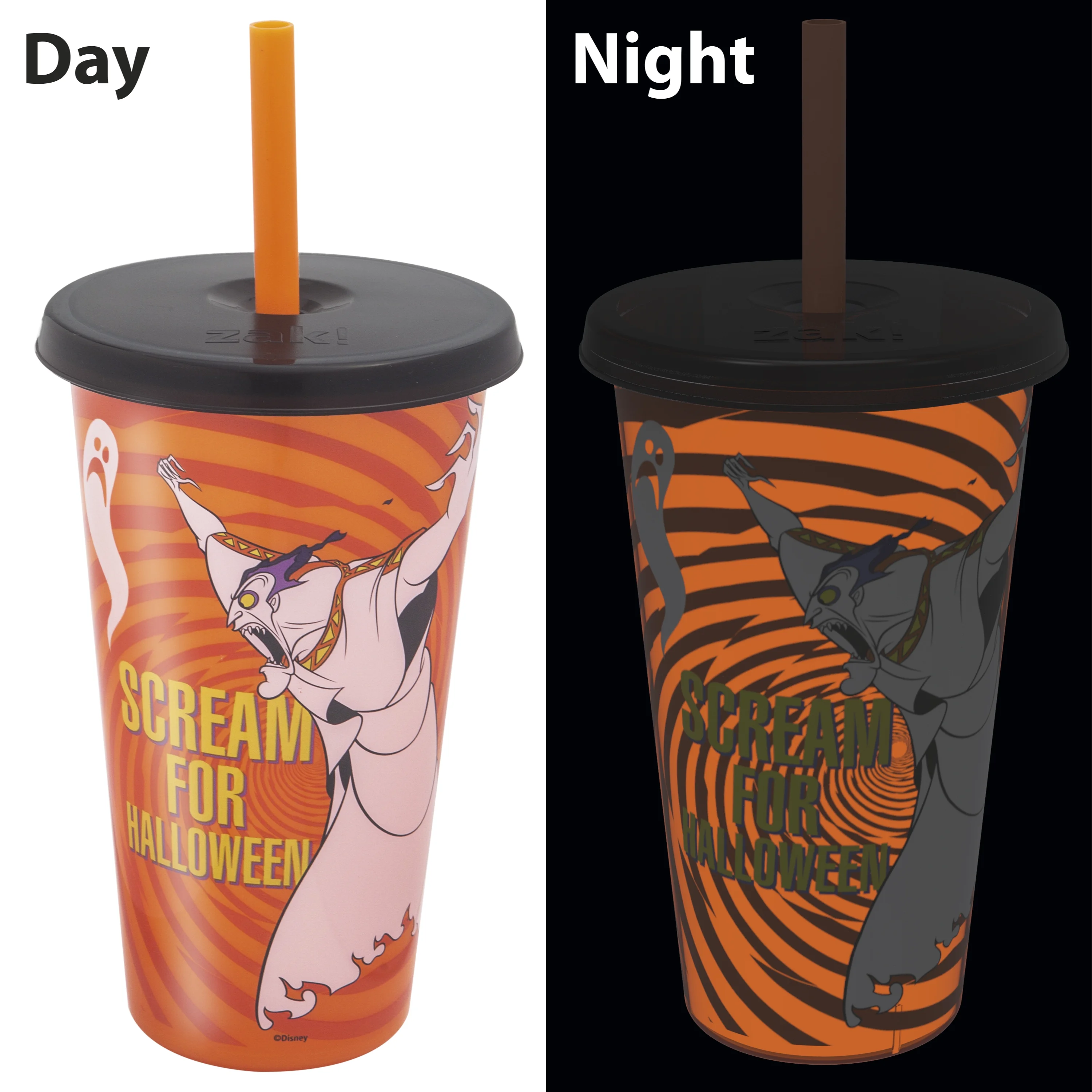 Zak Designs 4 pcs Tumbler Set 25 oz Glow in the Dark Plastic Halloween Cup, Disney Villains