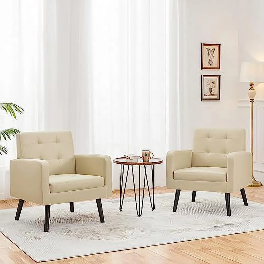 TJUNBOLIFE Mid-Century Accent Chairs  PU Leather Modern Upholstered Living Room Chair  Cozy Armchair Button Tufted Back and Wood Legs for Bedroom/Office/Cafe Black 2PCS