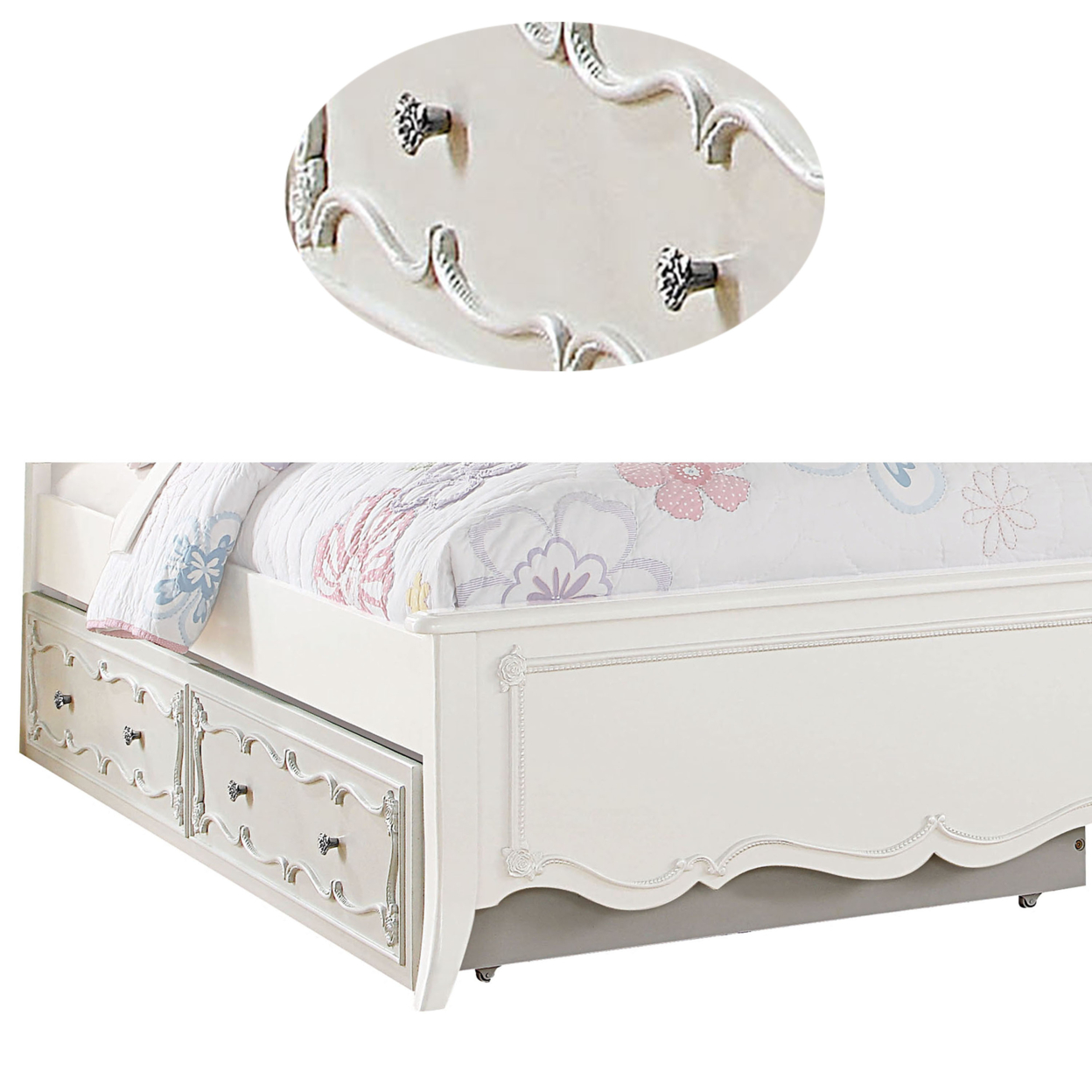 Twin Size Wooden Trundle with Round Knobs and Caster Wheels, White- Saltoro Sherpi