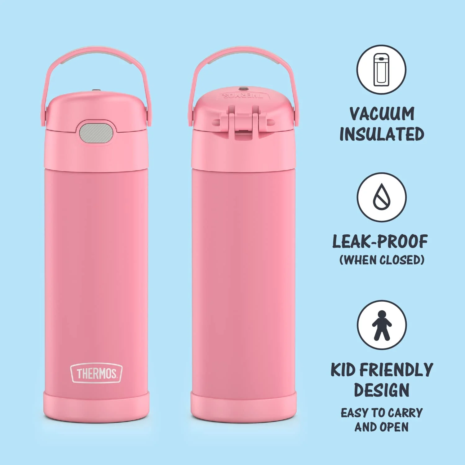 THERMOS FUNTAINER 16 Ounce Stainless Steel Vacuum Insulated Bottle with Wide Spout Lid, Pink