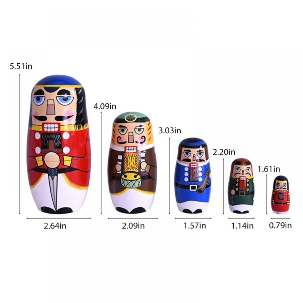 5Pcs Russian Matryoshka Dolls Handmade Wooden Nutcracker Nesting Dolls Set for Kids Christmas Birthday Toy Gift (Nutcracker)