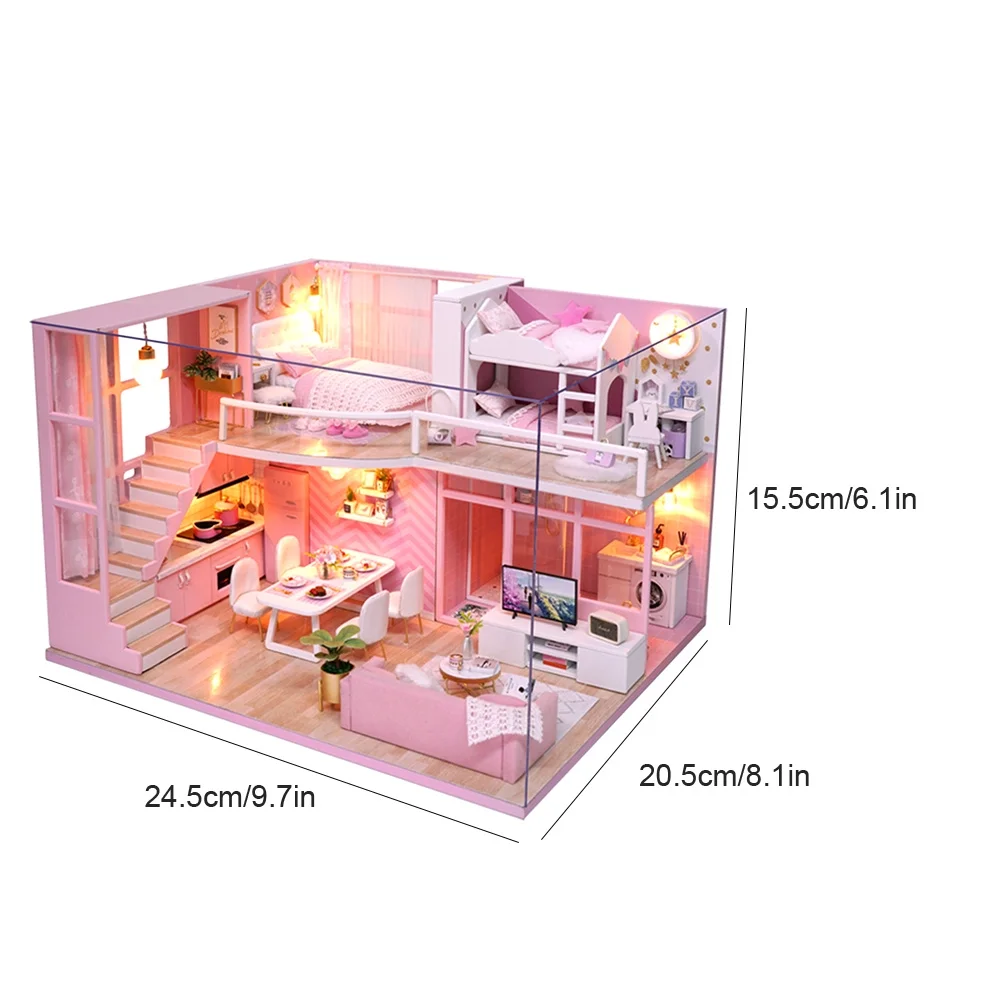 DIY Miniature Dollhouse Kit,DIY Handmade Miniature Pink Girl Wooden Doll House Model Kits Toy Gift,Nordic Apartment Model for Teens Adult Gift