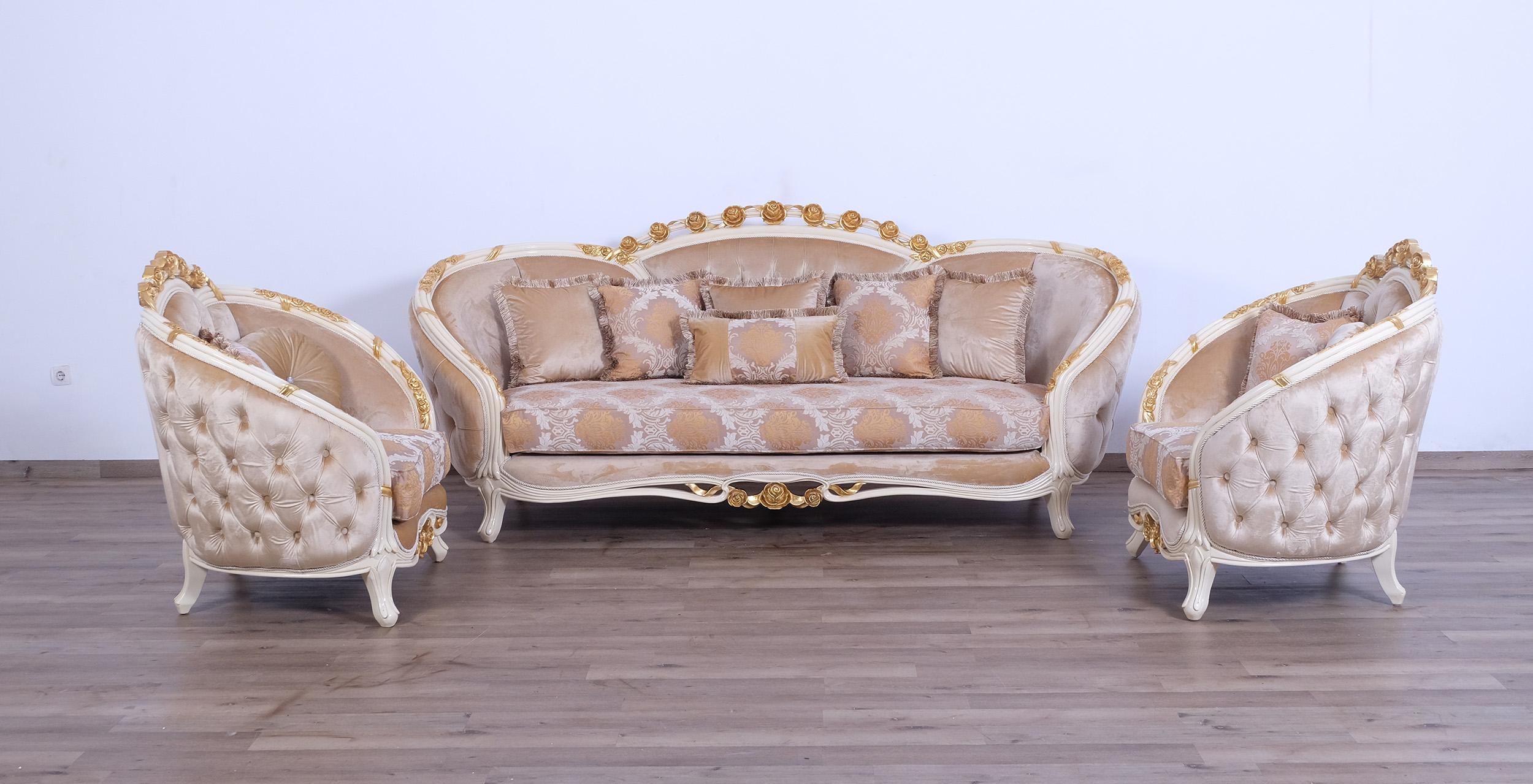 Luxury Beige & Gold Wood Trim VALENTINE Sofa Set 3 EUROPEAN FURNITURE Classic