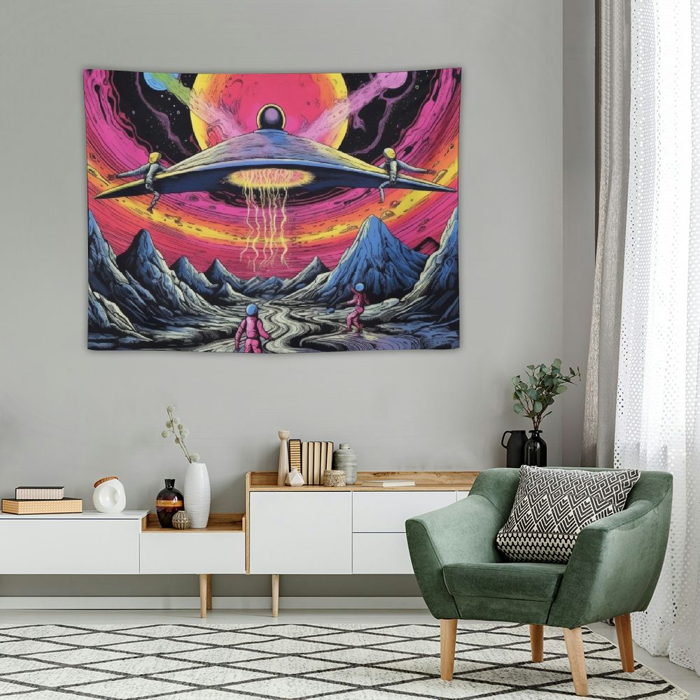 ONETECH  UFO Astronaut Tapestry, Unique Fun Alien Astronaut Galaxy Space Wall Art Tapestries, Starry Sky Forest Mountain Tapestries Wall Hanging Decor for Living Room Bedroom