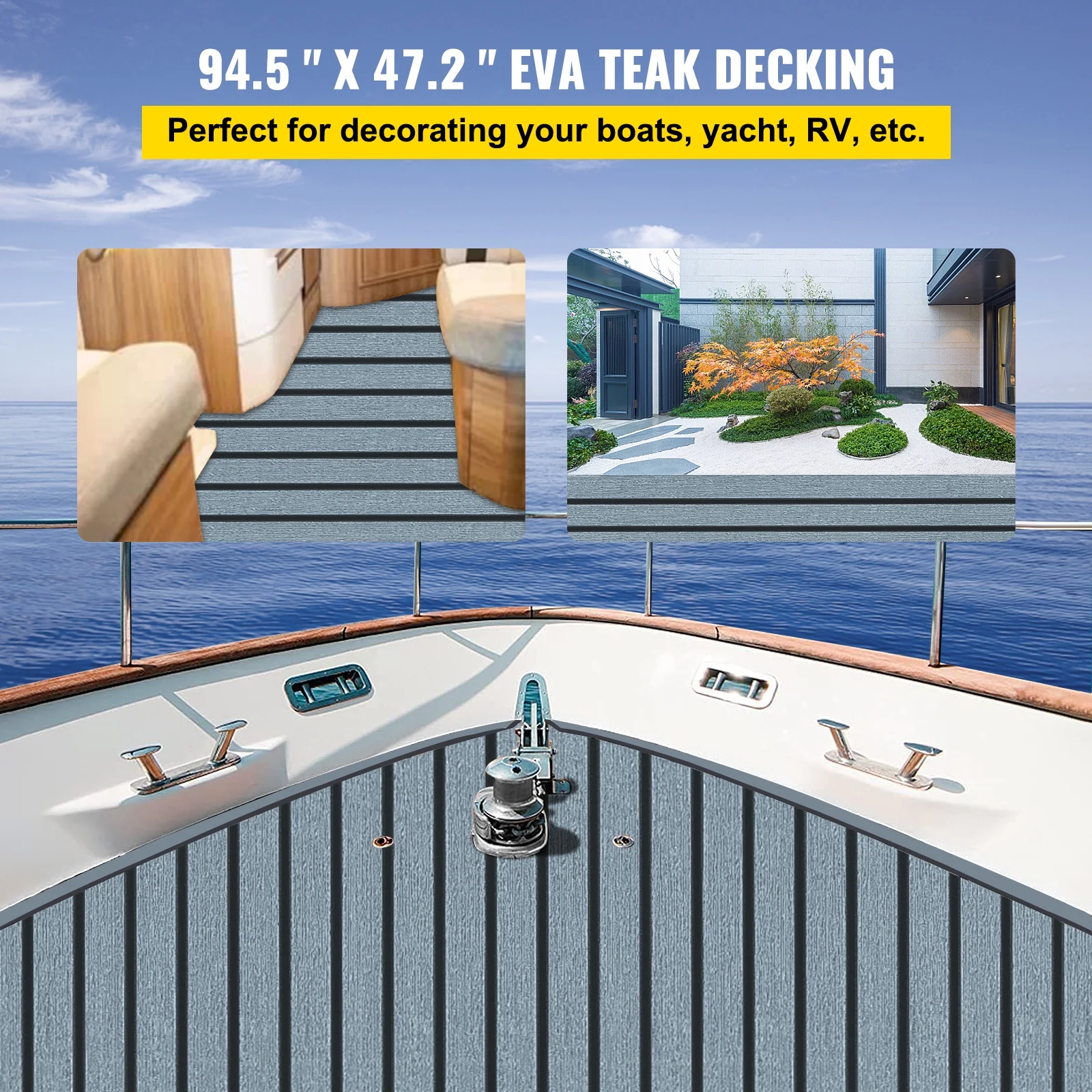 Happybuy 94.5 X 47.2 Inch EVA Foam Faux Teak Boat Decking Sheet 5MM Thick Non-Skid Self-Adhesive for Marine Yacht RV Swimming Pool Garden Boat Flooring Sheet