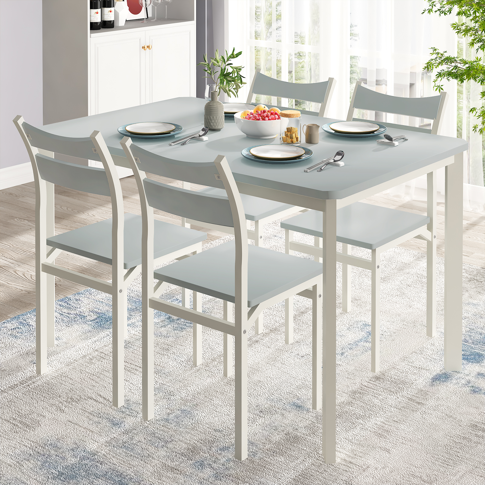 DKLGG Dining Table Set, 43.3 inch Kitchen Table and Chair Set with 4 Stout and Hardy Chairs for Kitchen, Breakfast Nook, Small Places, Gray