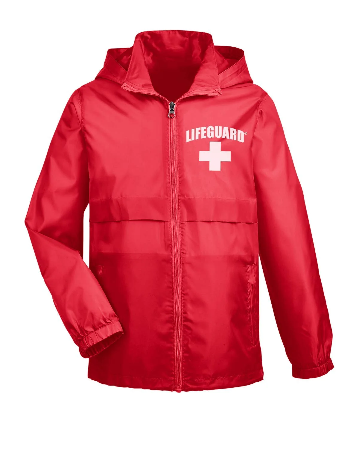 LIFEGUARD Officially Licensed Boys Girls Youth Kids Water Resistant Rain Jacket with Zipper and Hood (L) Red