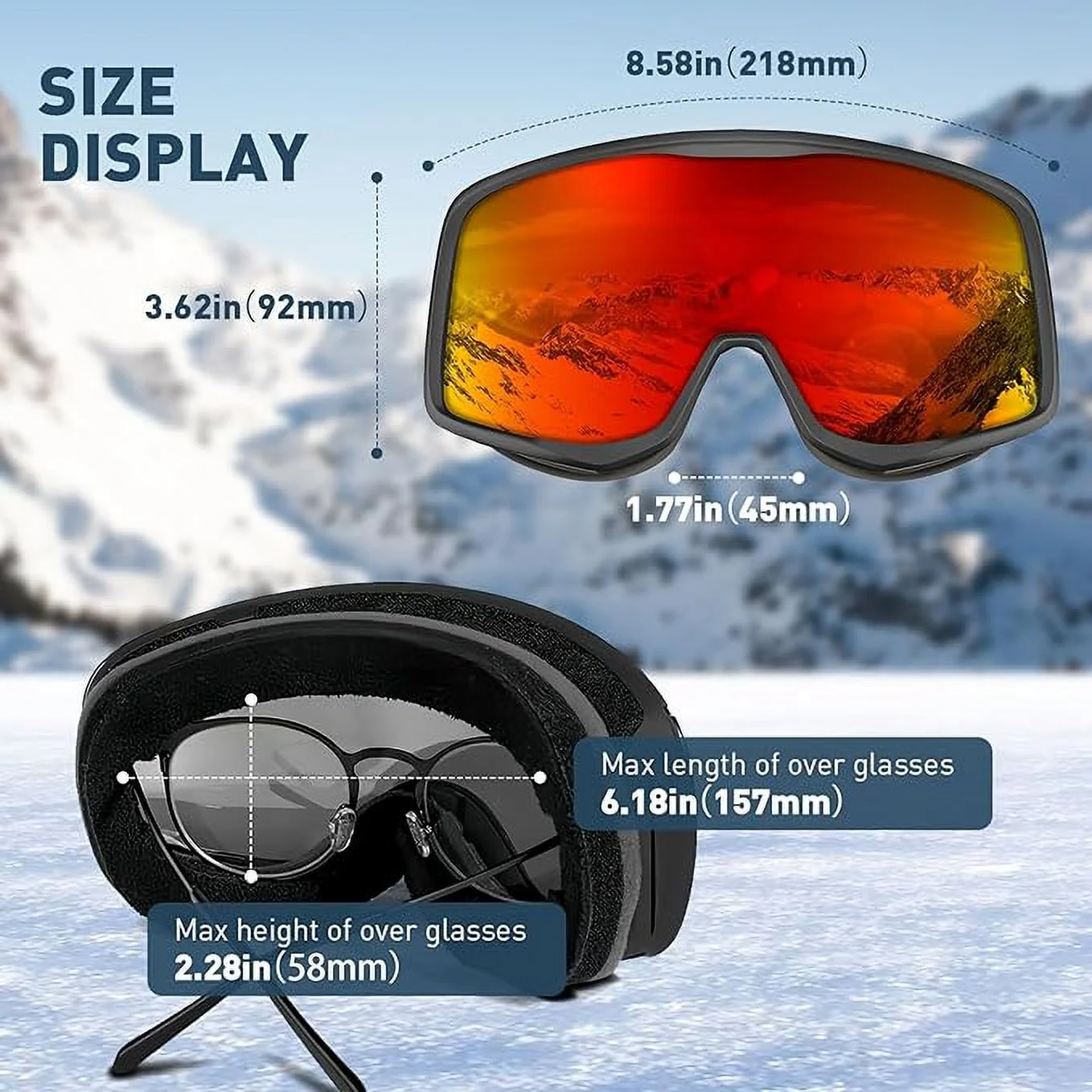 KAPVOE Ski Goggles OTG - over Glasses Ski/Snowboard Goggles for Men, Women & Youth - 100% UV Protection