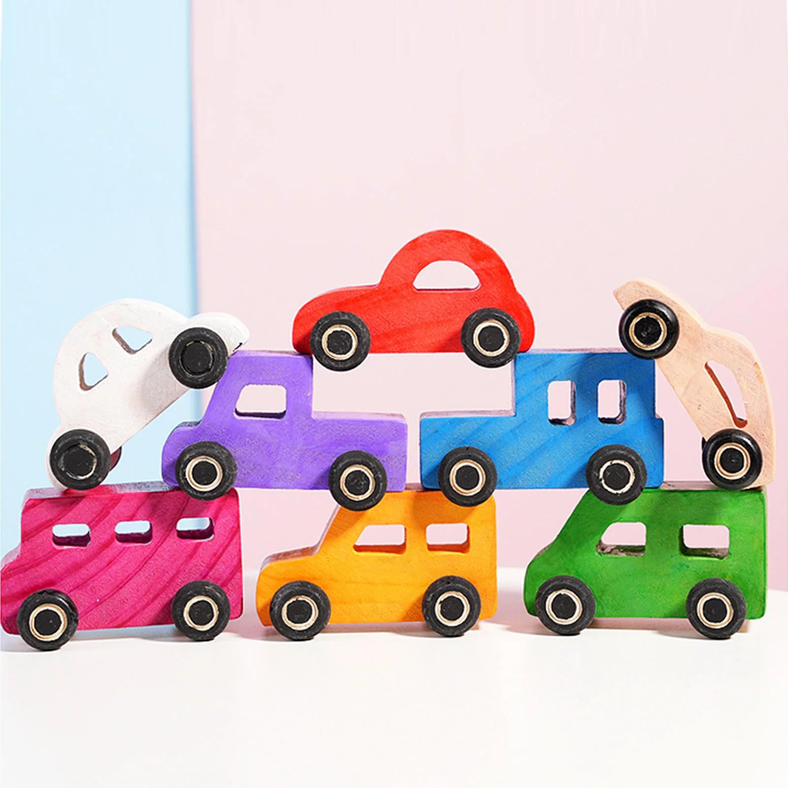 8Pcs DIY Painting Wooden Mini Car Hand Eye Coordination Building Blocks Stacking Balance Game for Preschool Kids Birthday Gift