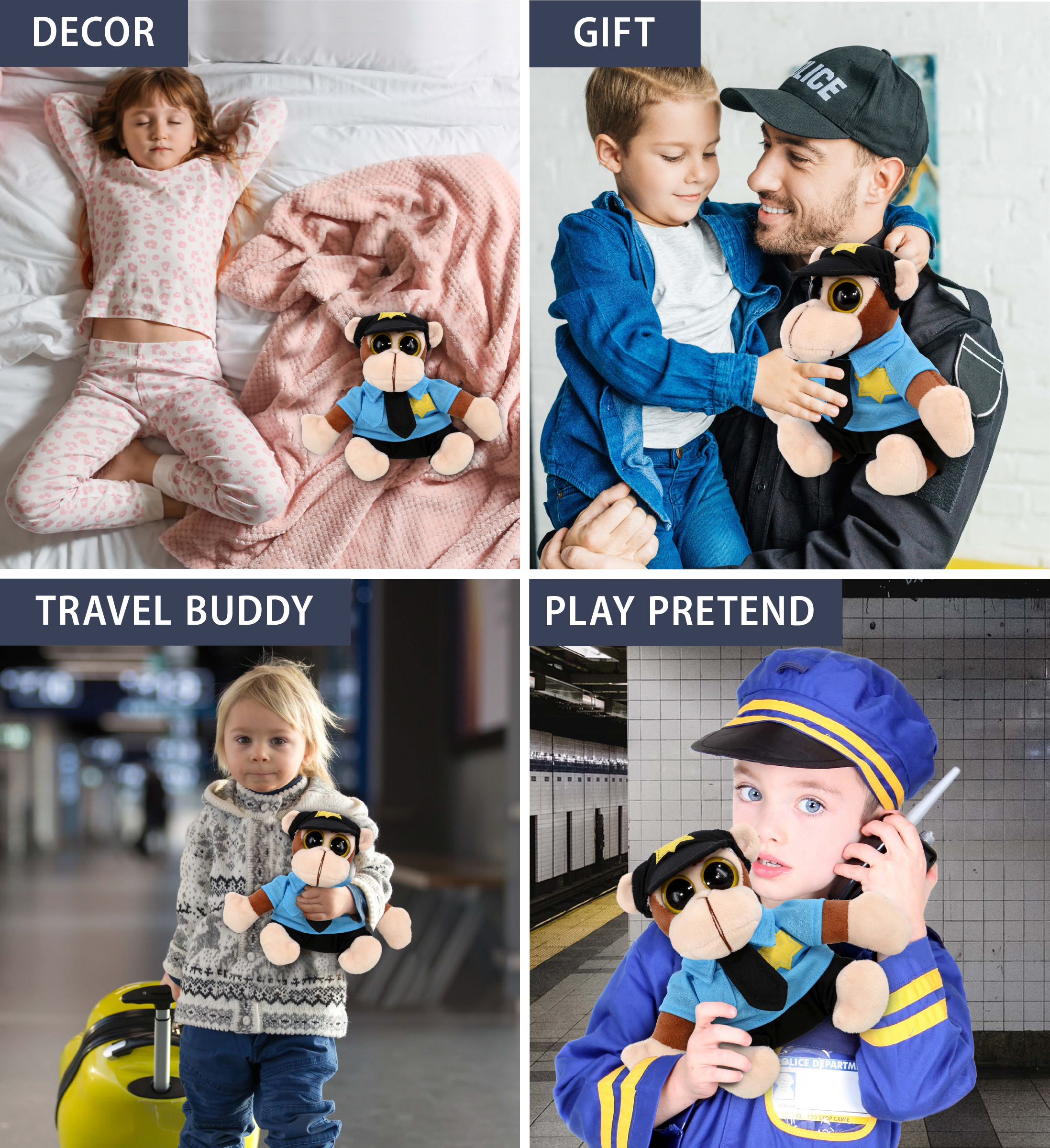 DolliBu Monkey with Big Eye Police Officer Plush Toy - Super Soft Monkey Cop Stuffed Animal Dress Up with Cop Uniform and Cap Outfit - Fluffy Policeman Toy Plush Gift - 6 Inches