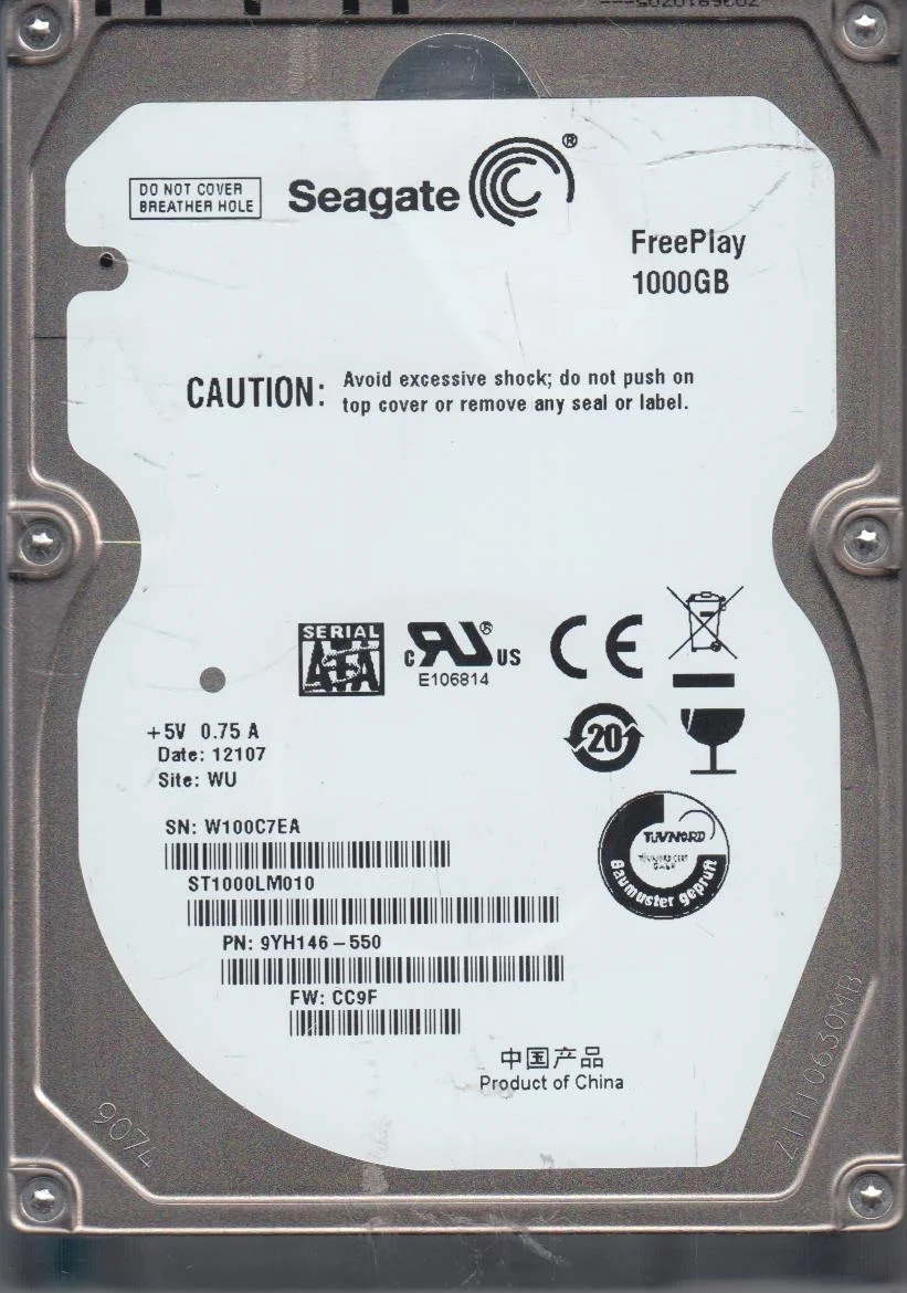 ST1000LM010, W10, WU, PN 9YH146-550, FW CC9F, Seagate 1TB SATA 2.5 Hard Drive