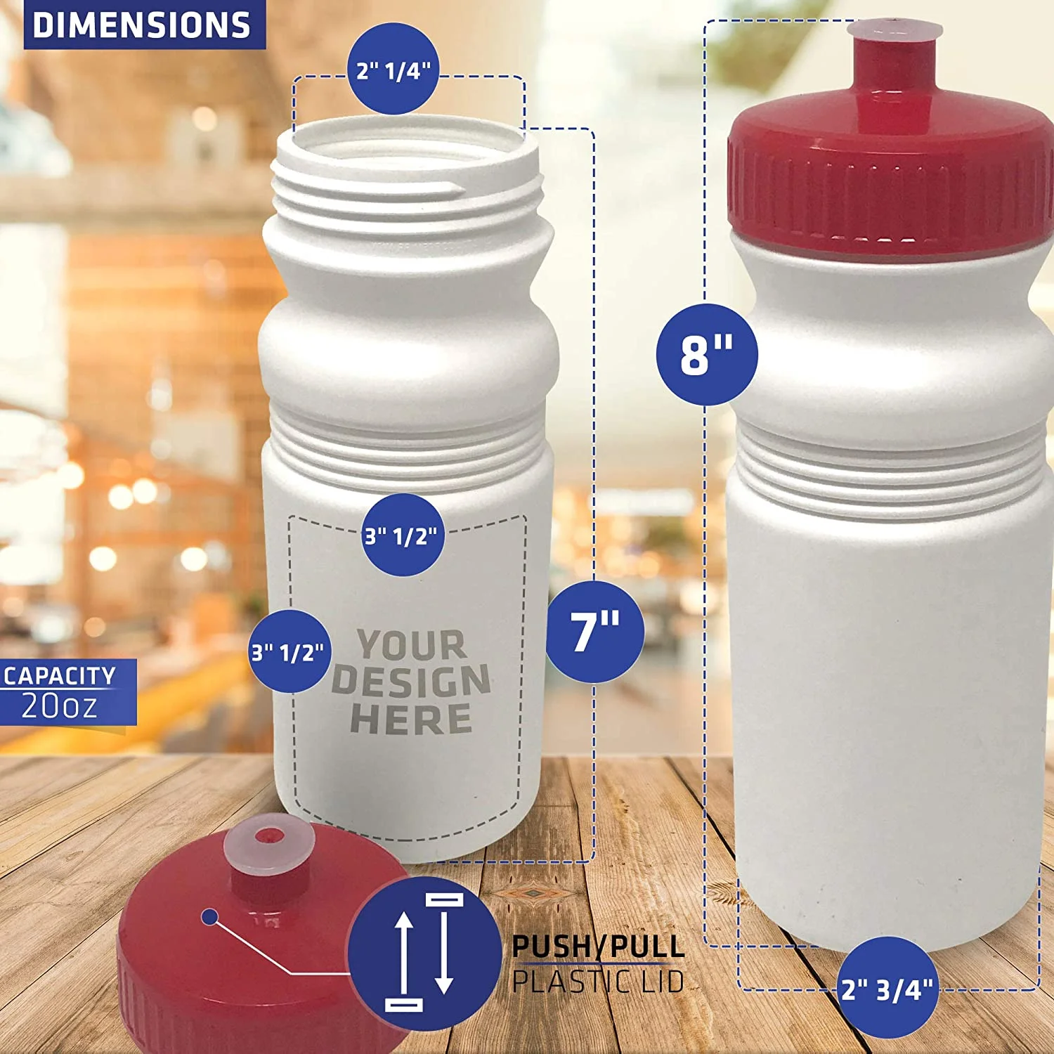 CSBD 20 oz Sports Water Bottles, 6 Pack, Reusable No BPA Plastic, Pull Top Leakproof Drink Spout, Blank DIY Customization for Business Branding, Fundraises, or Fitness White Bottle Red Lids