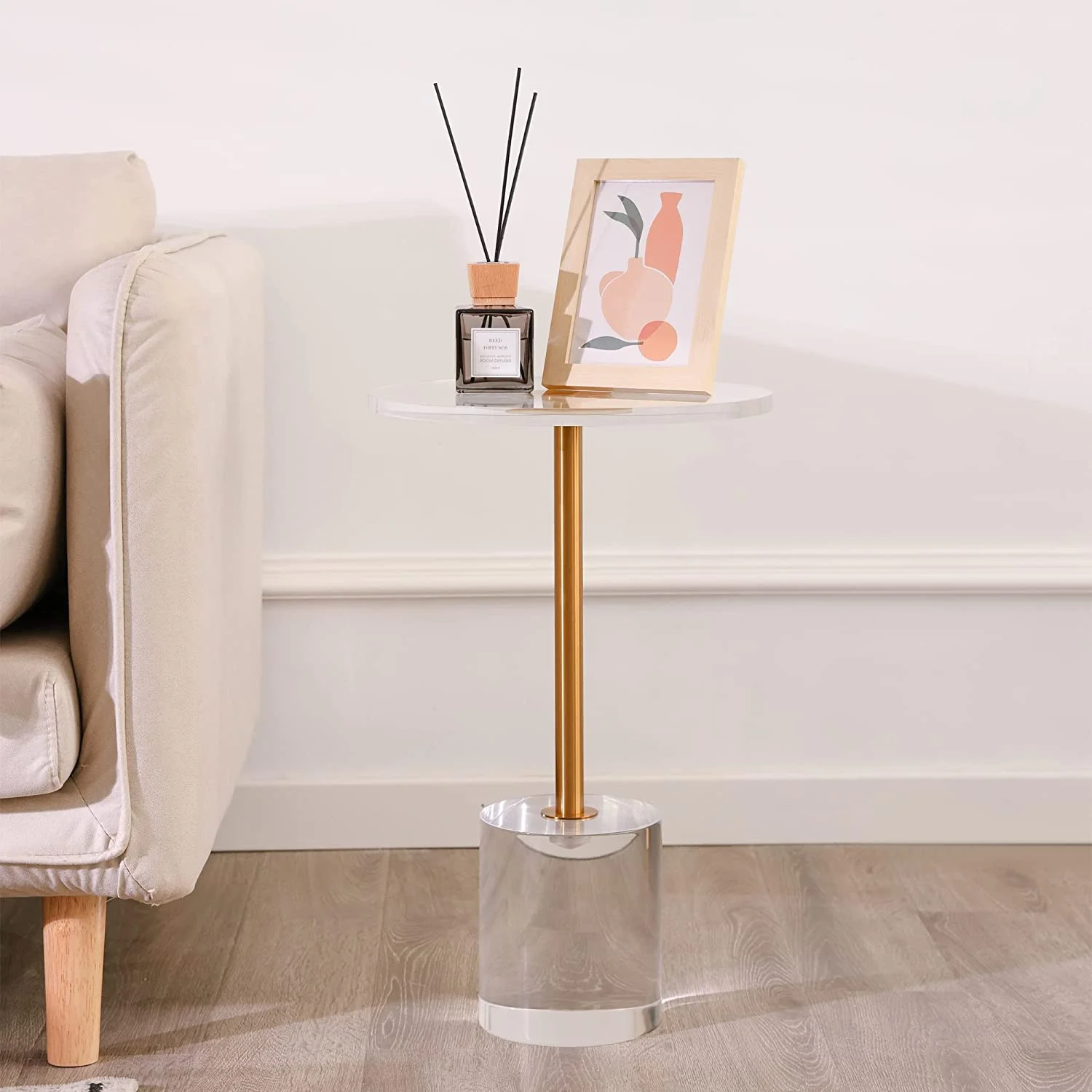 Superjoe Clear Acrylic Side Table, 13.8 x13.8 x 21.7 inches, Lucite Round Acrylic End Table with Gold Post, Accent Drink Martini Table for Living Room Bedroom Small Spaces, Easy Assembly