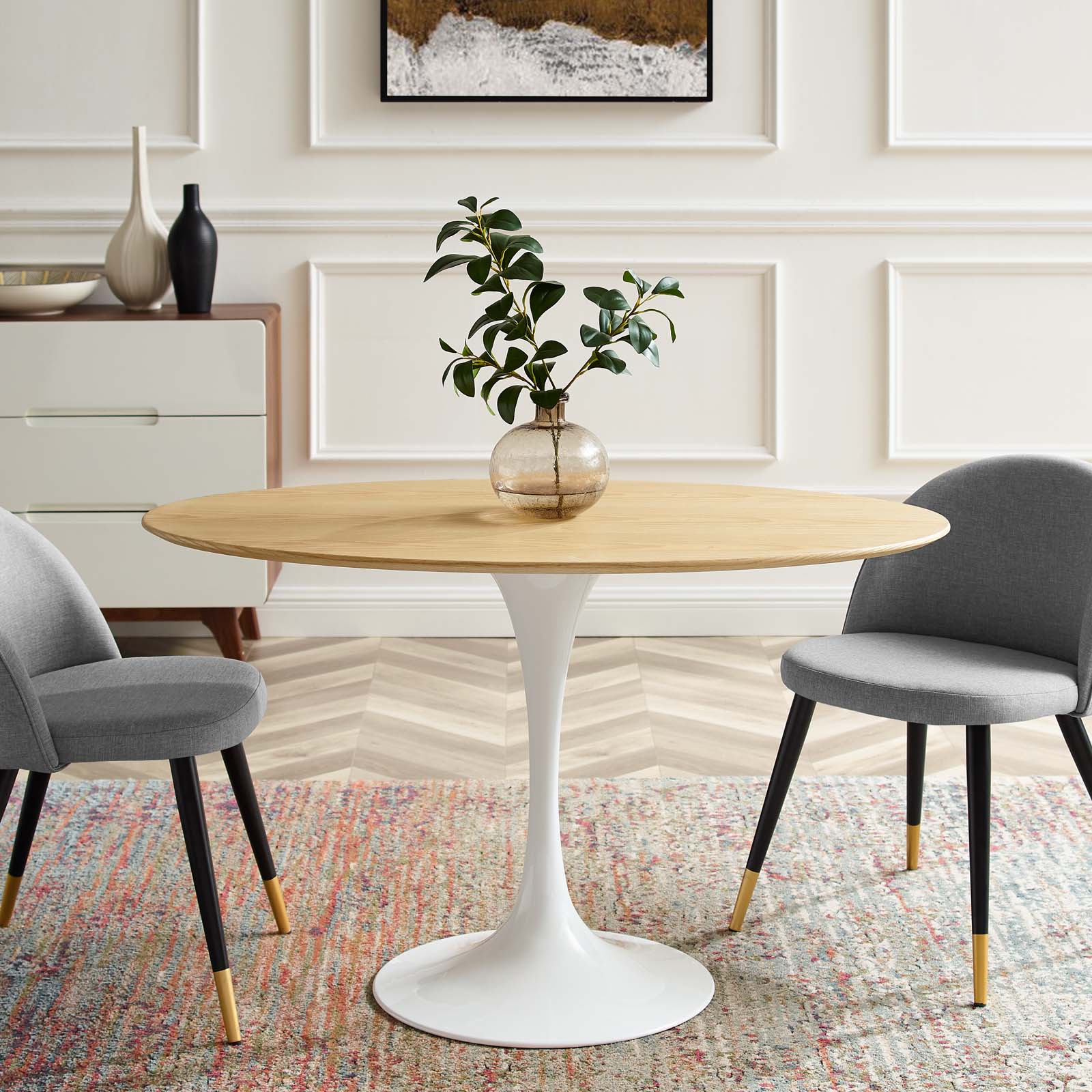 48 inch Dining Table, Oval, Natural Brown White, Wood, Metal Steel, Modern Contemporary Mid-Century, Kitchen Room Cafe Bistro Restaurant Hospitality