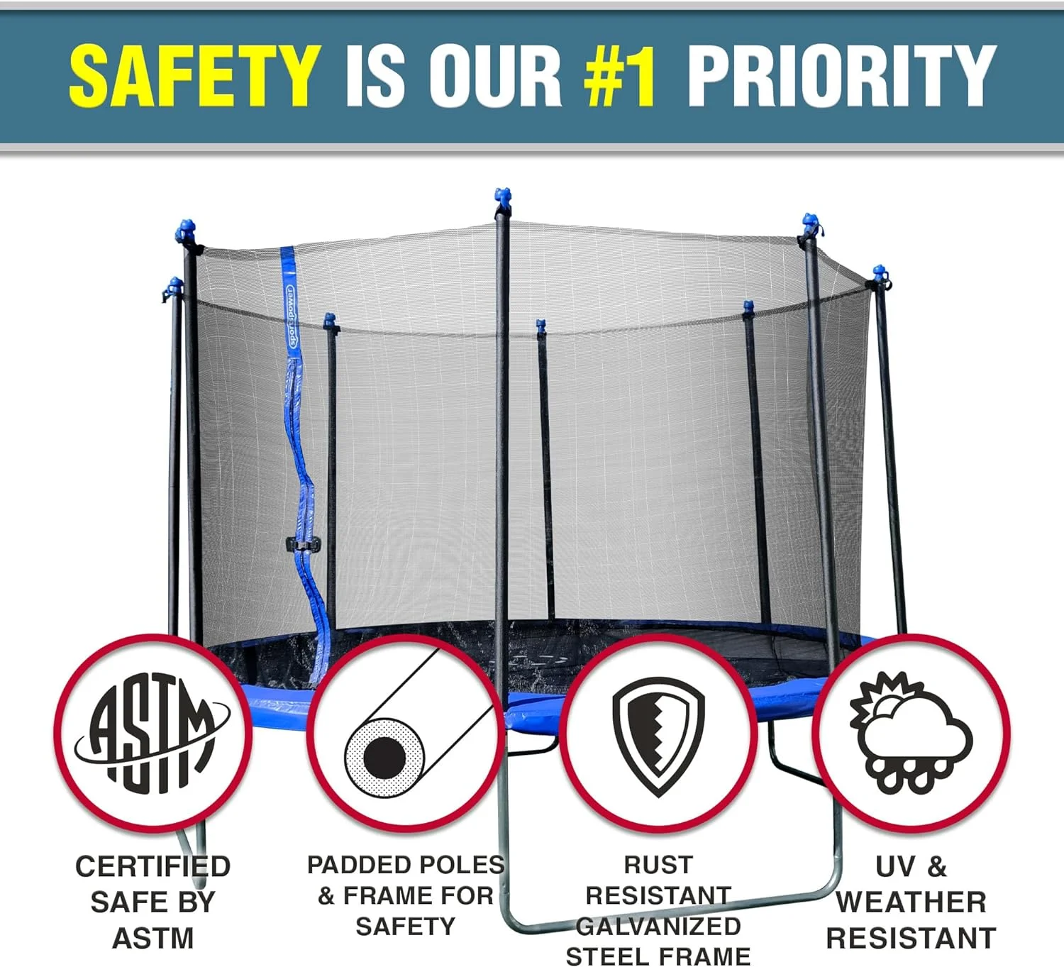 TruJump 12ft Trampoline with UV Resistant Safety Enclosure, ASTM Approved, Safe Padded Frame, Anti Rust Metal Frame, Heavy Duty, Outdoor Fun, Blue