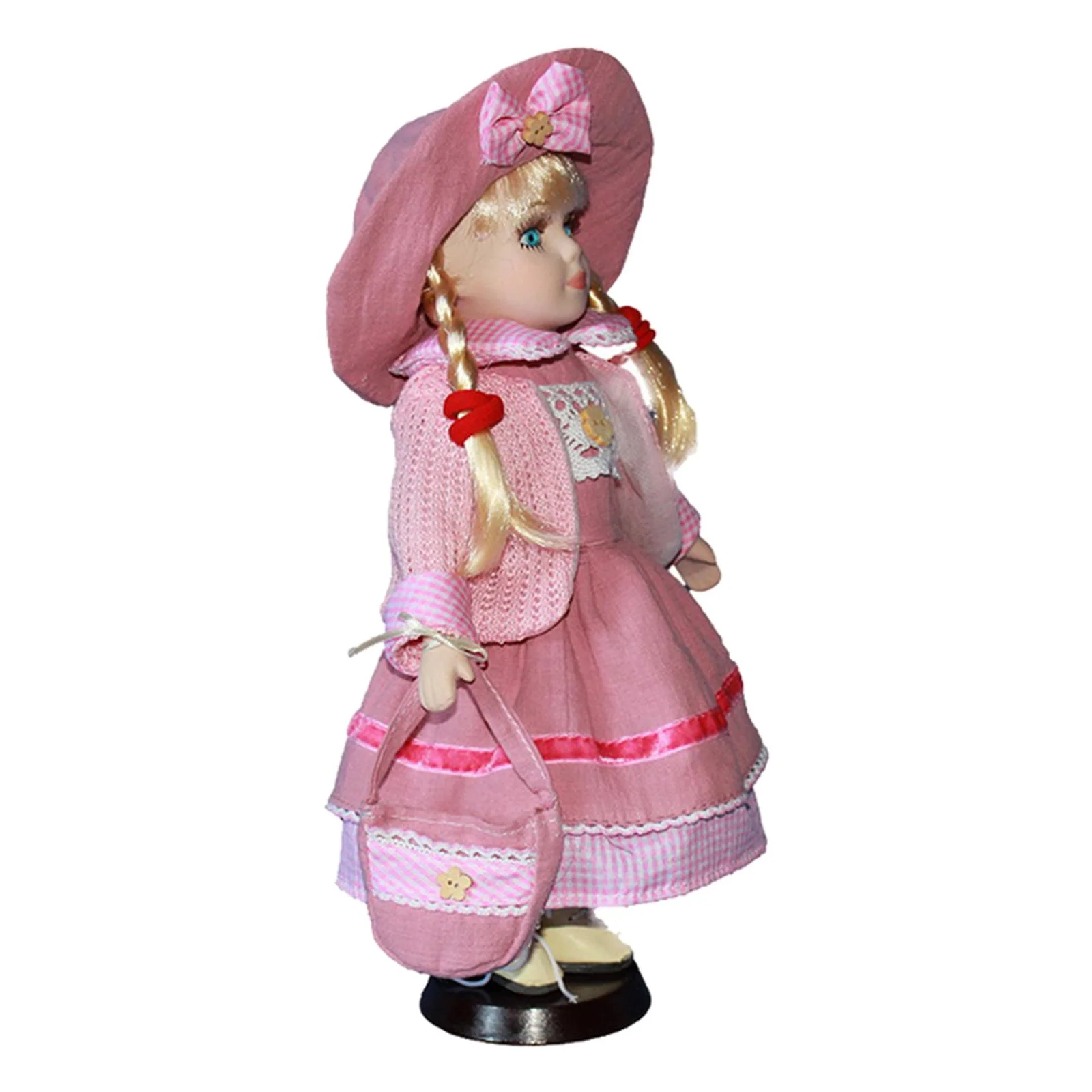 Lovely Porcelain Doll Girl Figures with Pink Clothes Hat Set Gift