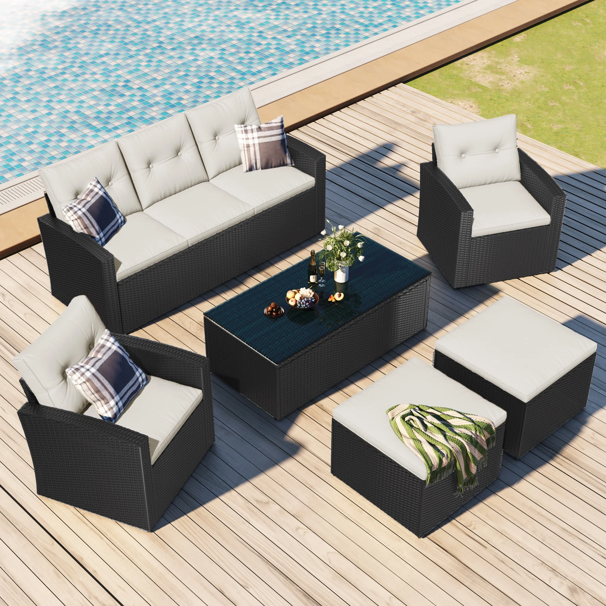 6-piece All-weather Wicker Pe Rattan Patio Outdoor Dining Conversation Sectional Set with Coffee Table, Wicker Sofas, Ottomans, Removable Cushions