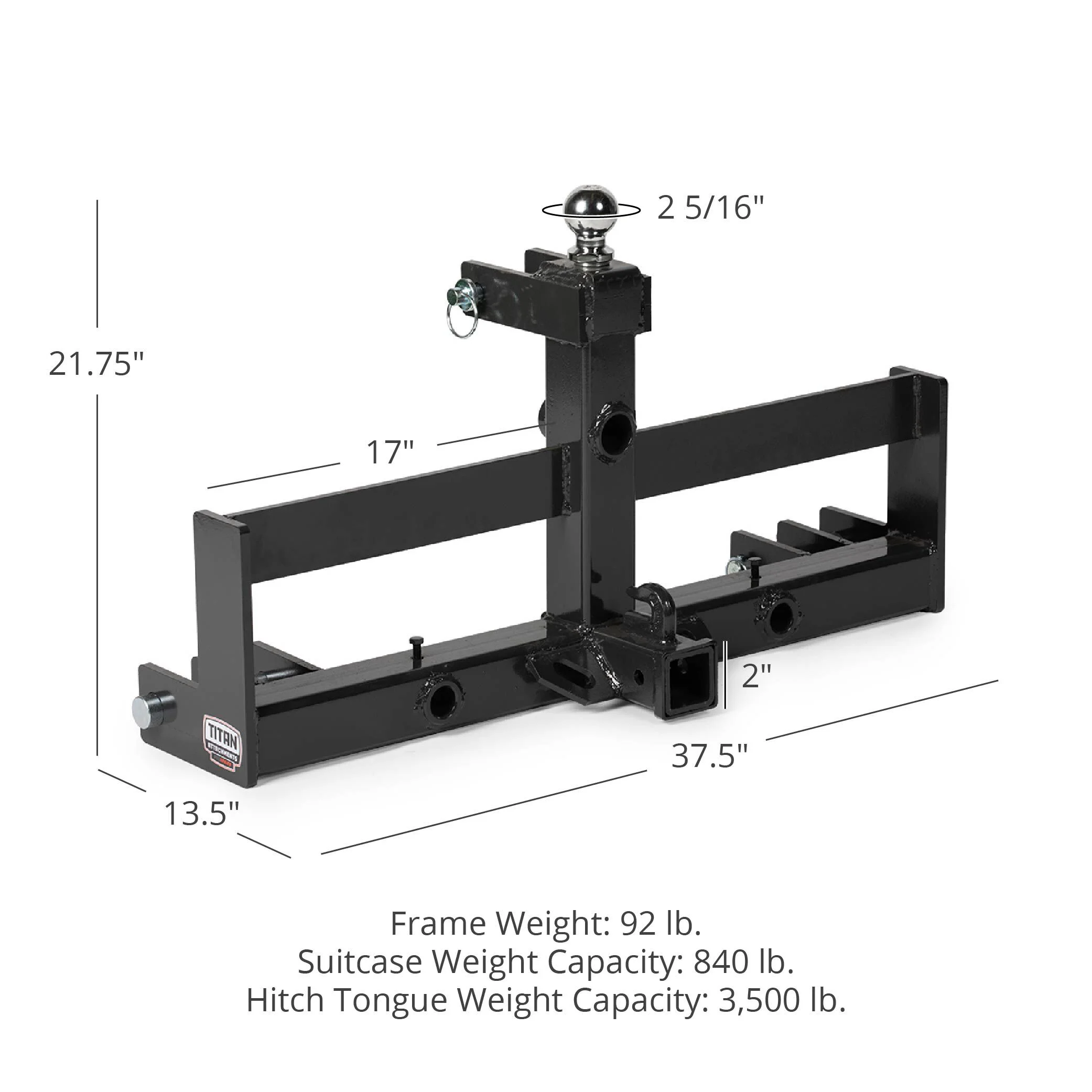 Titan Attachments 3 Point Hitch Receiver with Suitcase Rack, Cat 1/Cat 2 Attachment for Hauling Trailers, 3,500 lb Hitch Tongue Capacity & 840 lb Suitcase Weight Capacity