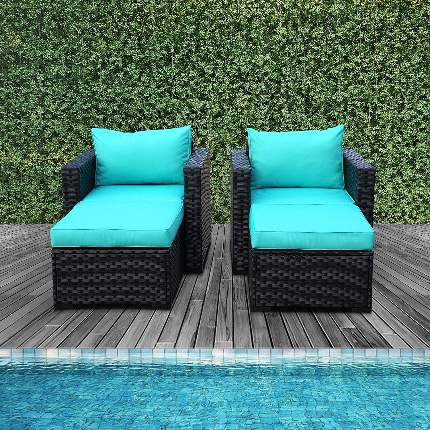 Furniture Sectional Sofa 4 Pieces  Outdoor Wicker Furniture Set Armrest Chairs Ottomans with Turquoise Cushions and Furniture Covers  Black Rattan
