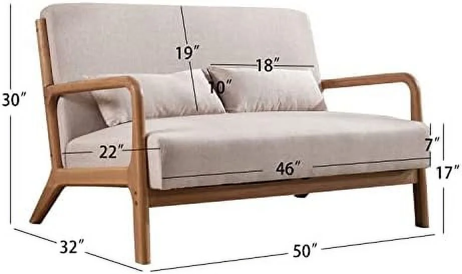 TJUNBOLIFE 50" Love seat Sofa 2-Seater Mid Century Modern Accent Chair  Uplostered 2 Person Couch Loveseat for Small Place Bedroom Office  Wood Frame and Attached 2 Waist Cushions  Gr