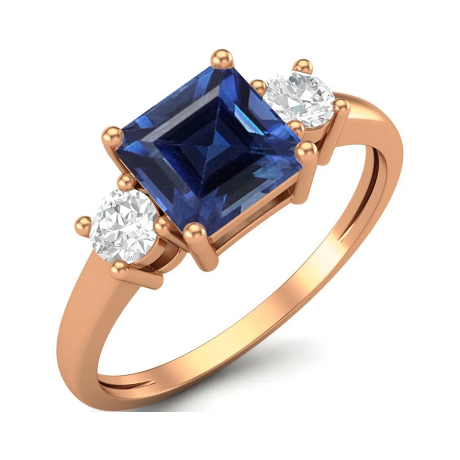 0.95 Ctw Princess cut Square Blue Sapphire 925 Sterling Silver Rose Vermeil Trio Stone Dainty Women Valentines Day Gifts Ring