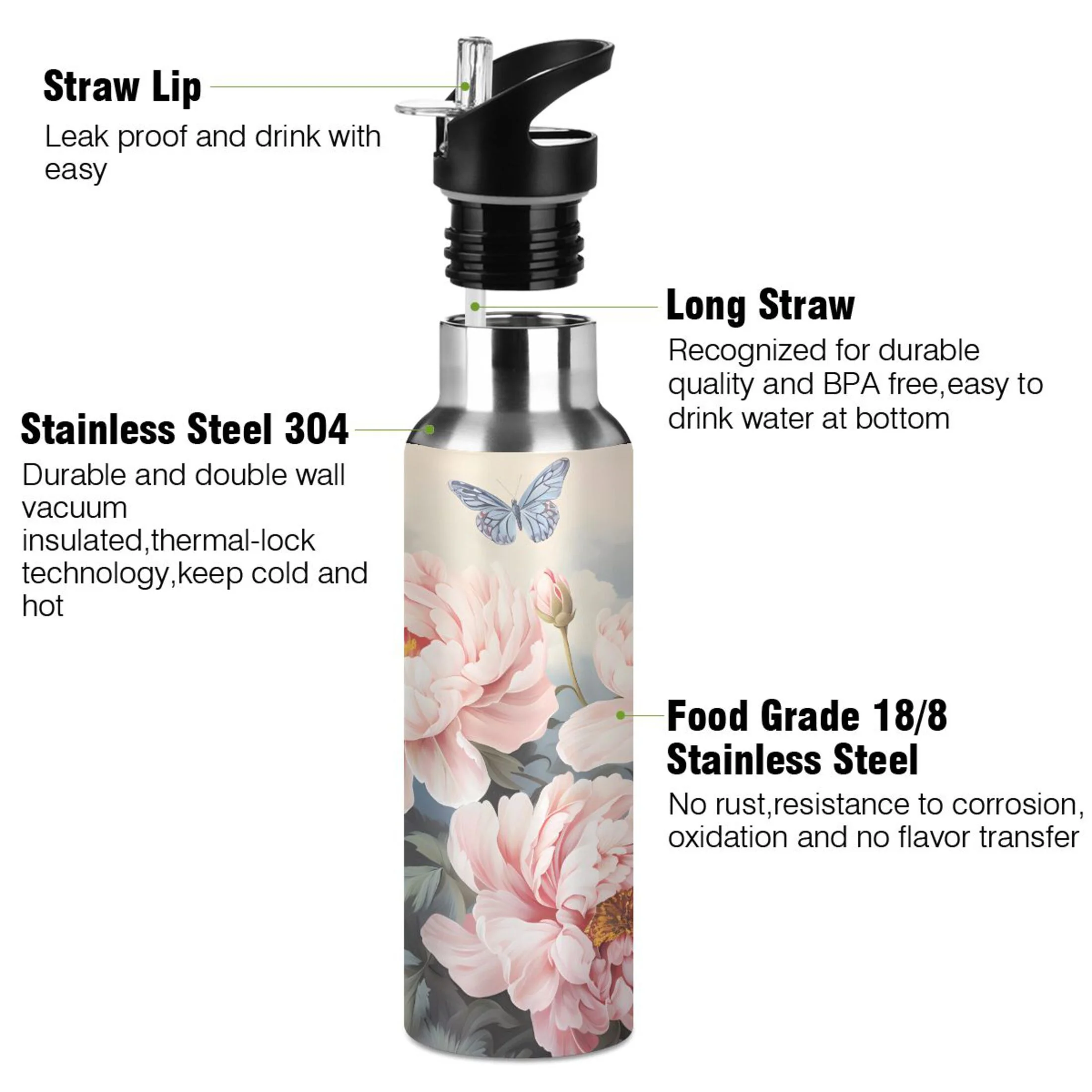 Water Bottle with Straw Lid Leak Pink Flowers and Butterflies Stainless Steel Insulated Thermos Vacuum Flask for Cold Hot Drinking for Sports Camping Gym Yoga