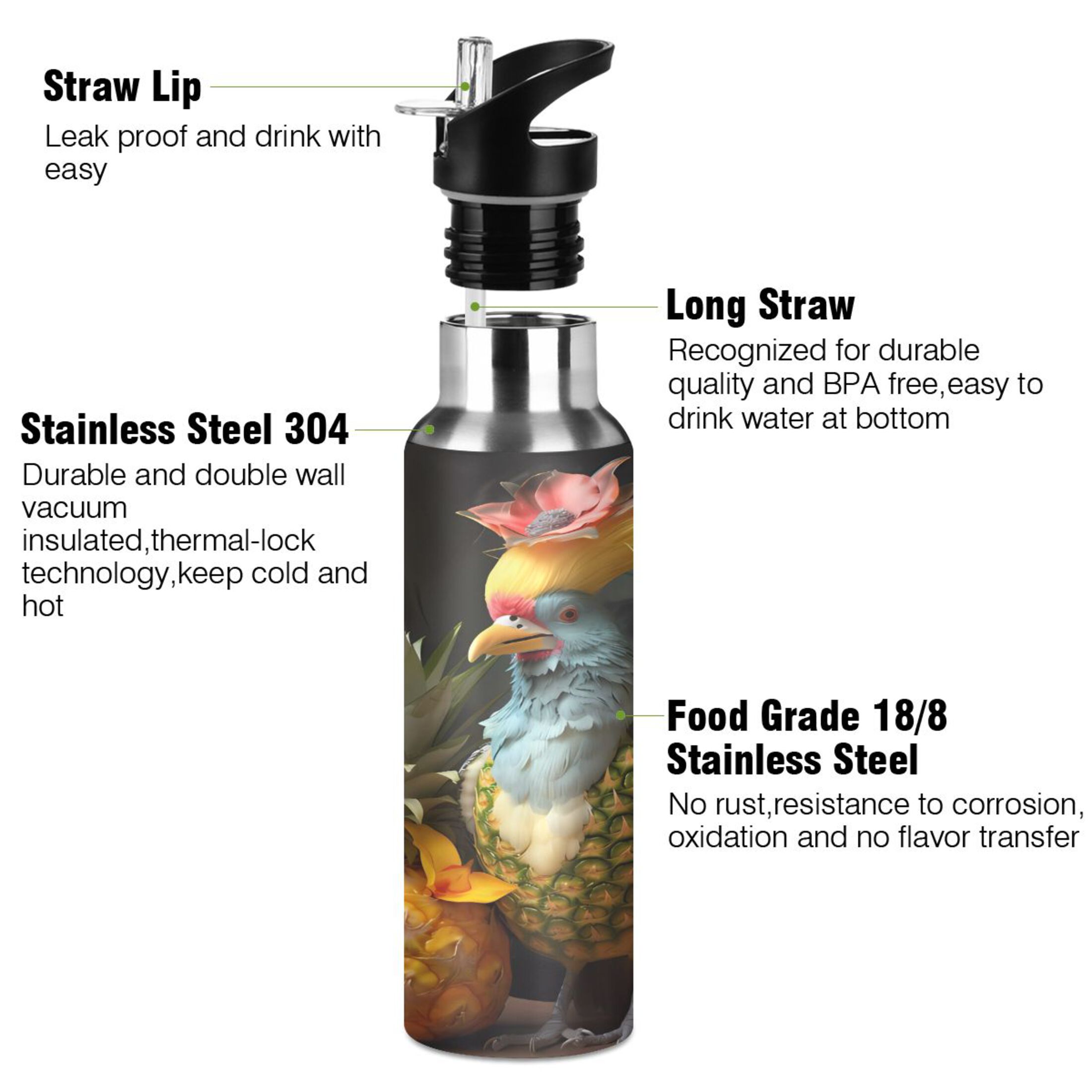 Water Bottle with Straw Lid Leak Parrot and Pineapple Stainless Steel Insulated Thermos Vacuum Flask for Cold Hot Drinking for Sports Camping Gym Yoga