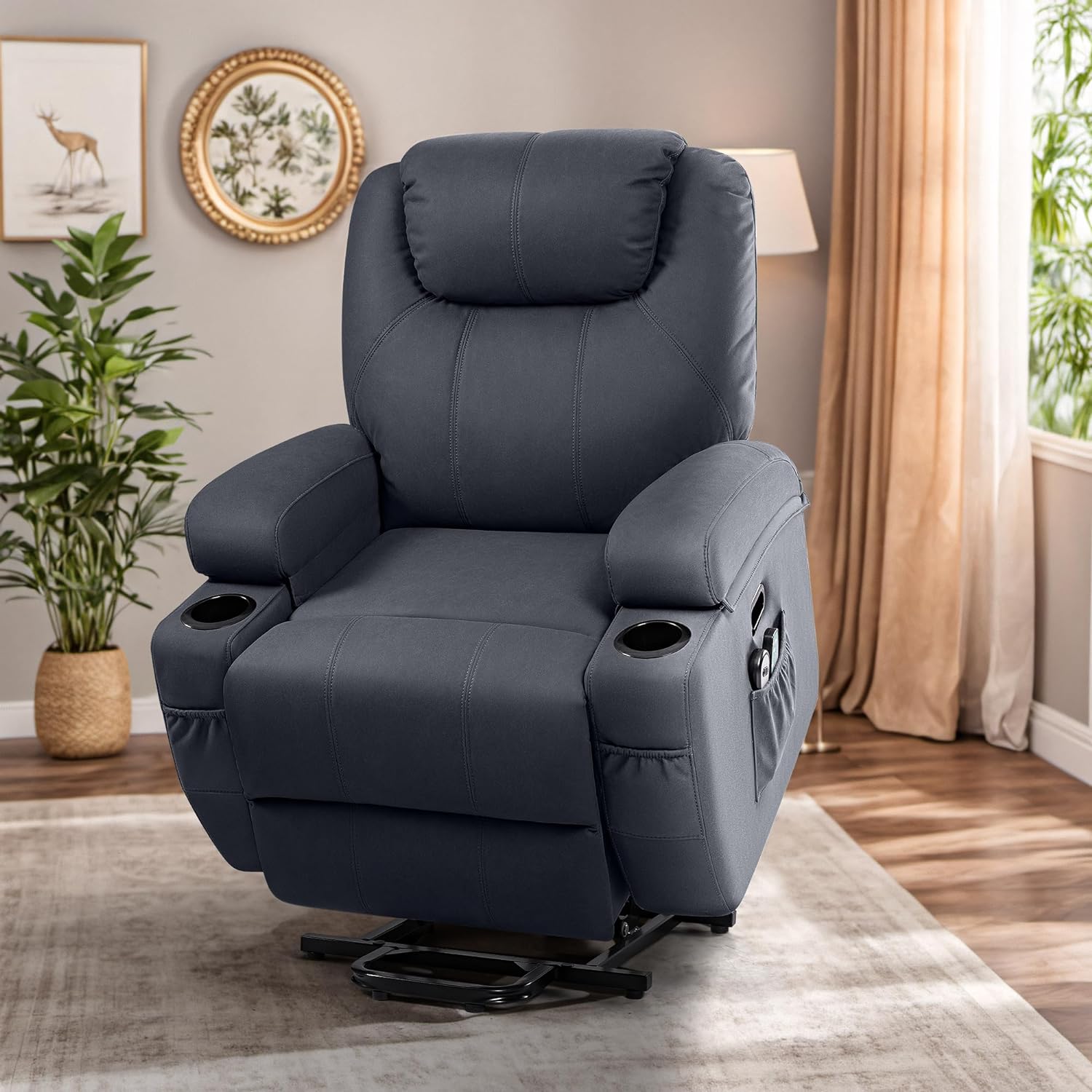 Electric Power Lift Recliner Chair for Elderly Reclining Sofa for Living Room with Massage and Heat, Side Pockets and Cup Holders (Fabric, Blue)