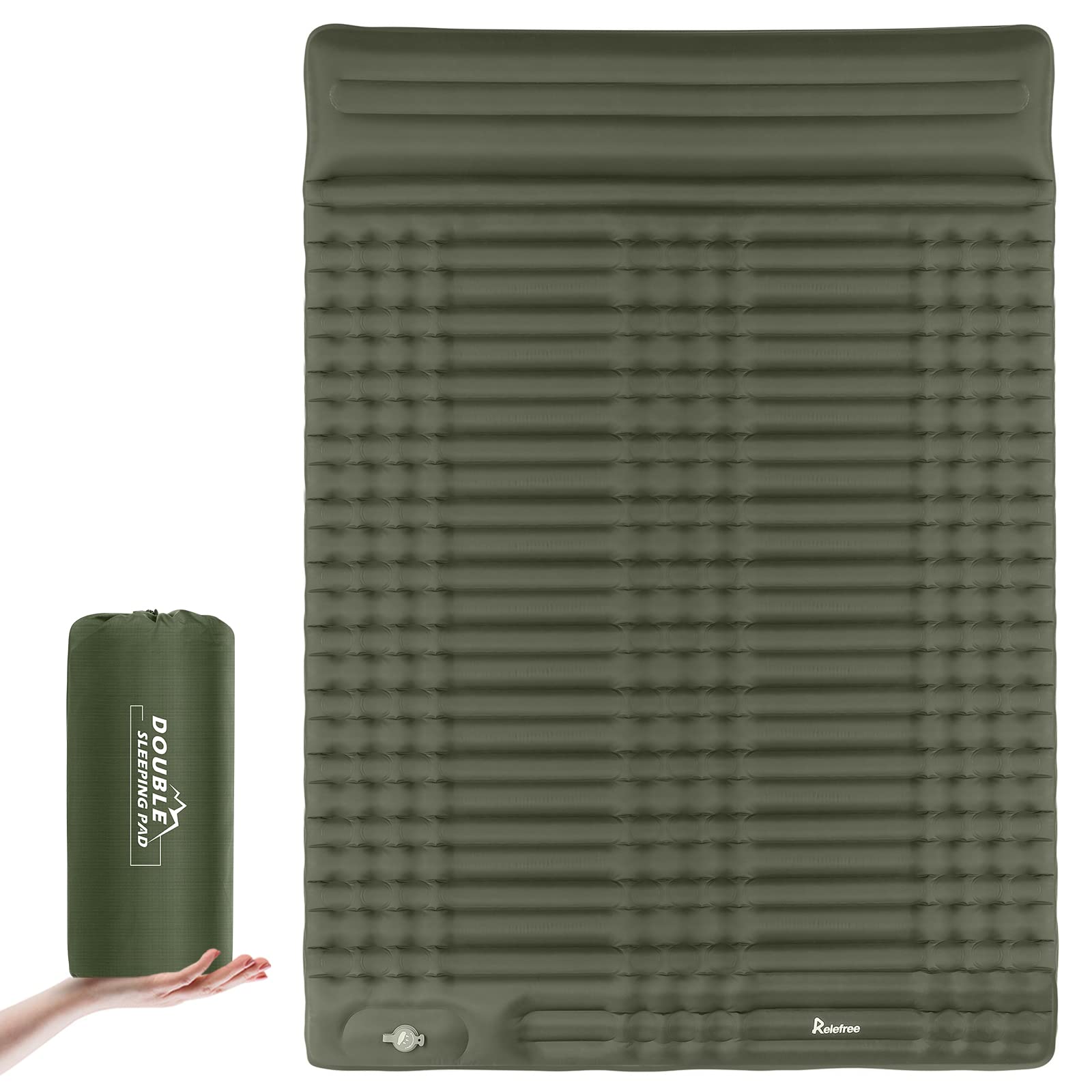 Relefree Double Camping Sleeping Pad with Air Pillow, Self Inflating Thickening Camping Mat 2 Person, 79 in x 55 in, Army Green