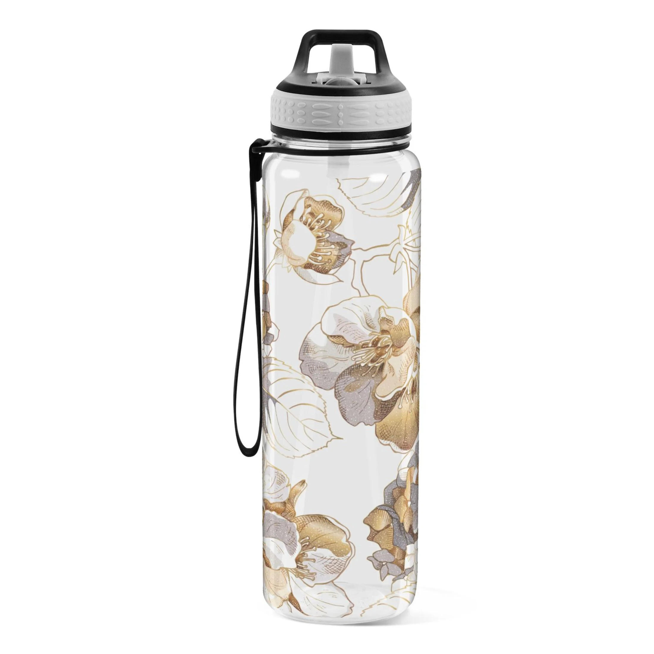 Golden Flowers Peony 32oz Water Bottles with Straw Tritan Leakproof Sports Bottle BPA Free Clear for Fitness Gym Swimming Cycling
