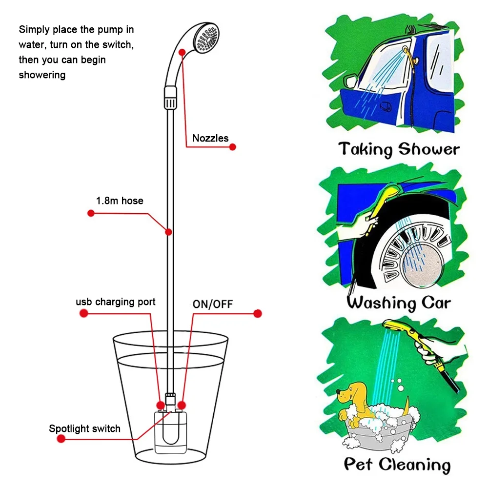 Aibecy Portable Shower Camping Shower Handheld Electric USB Rechargeable Shower Compact Multifunctional Car Washing Showerhead