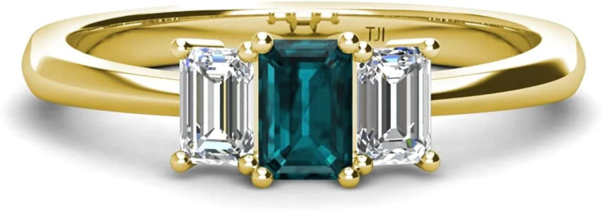Emerald Cut 6x4 mm London Blue Topaz & Lab Grown Diamond 1 1/3 ctw 3 Stone Engagement Ring 14K Yellow Gold-4.25